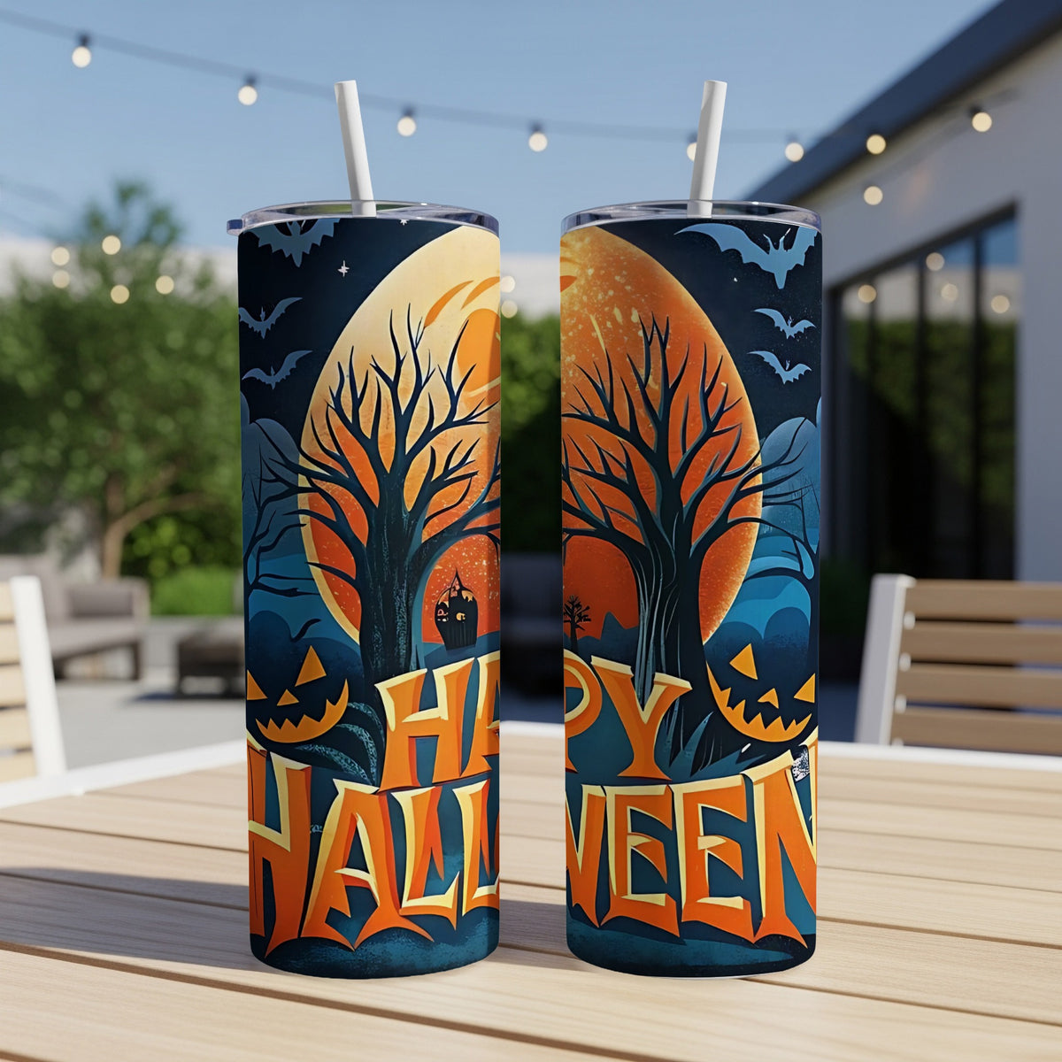 Two Halloween tumblers with bats, jack-o'-lanterns, trees, and moon graphics.