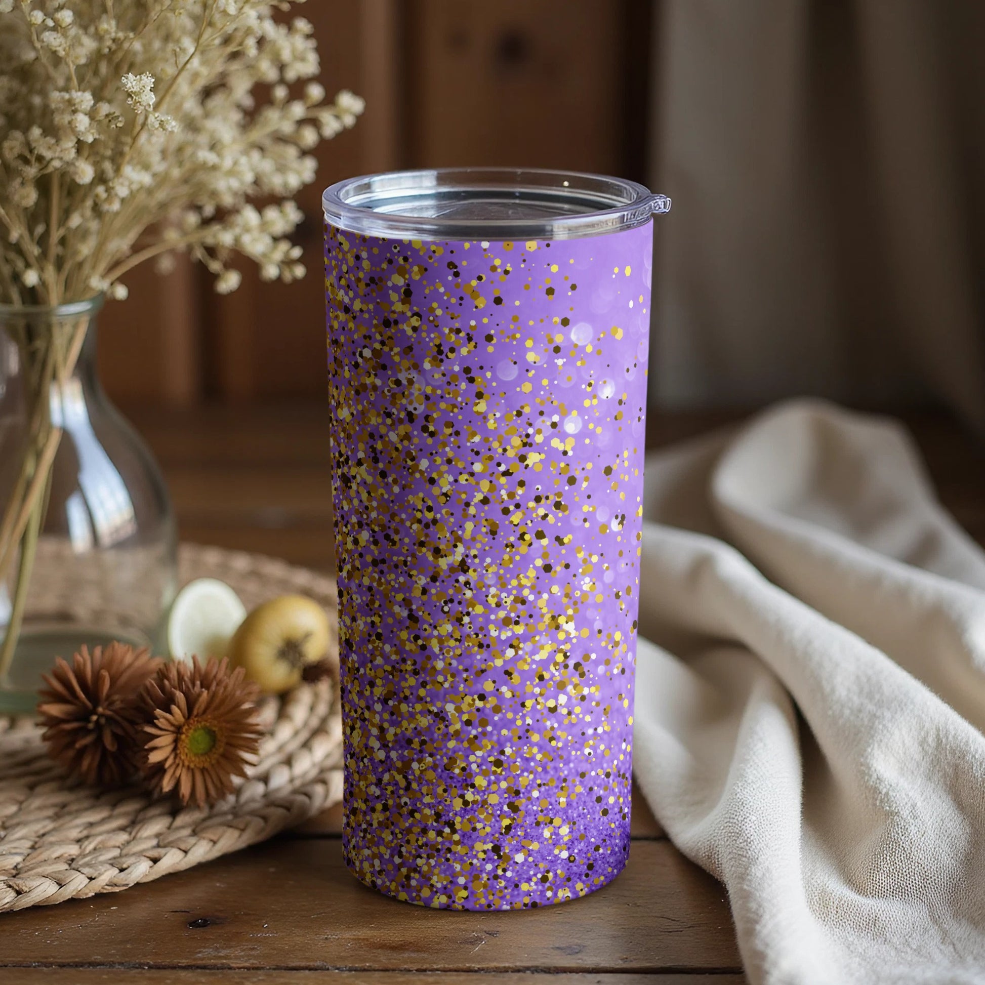 Purple and Gold Glitter Tumbler with Clear Lid