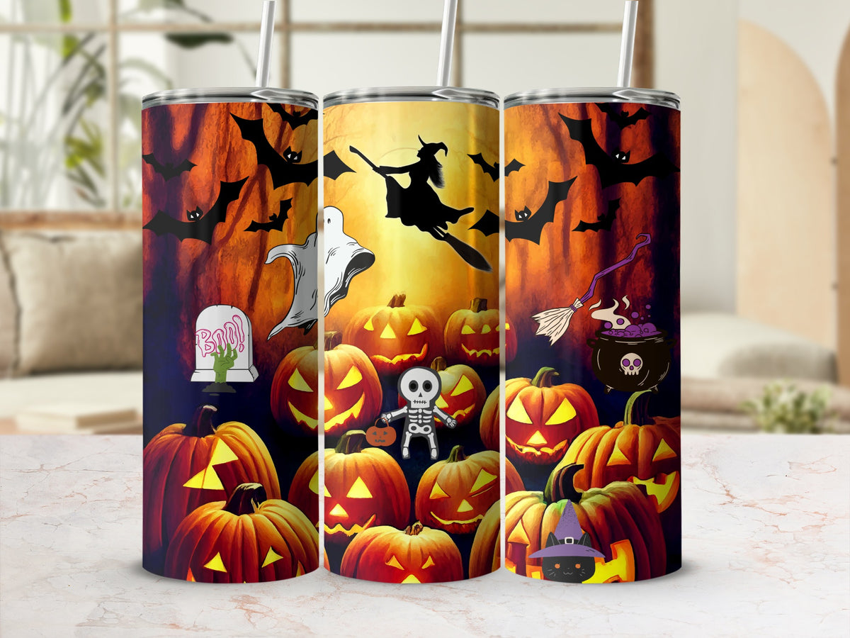 Halloween tumblers with pumpkins, bats, ghost, witch, skeleton, black cat, and tombstone.