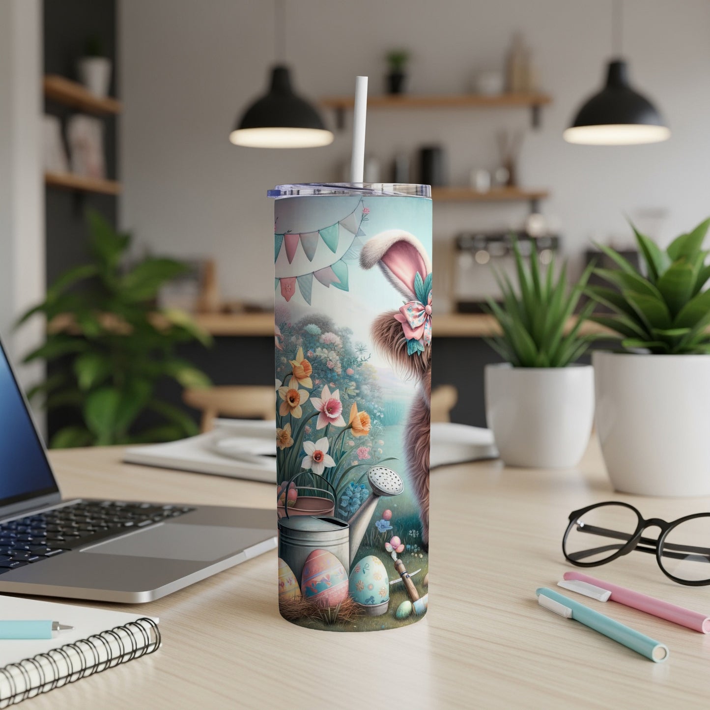 Easter bunny and decorated eggs on a pastel floral background, on a tumbler.