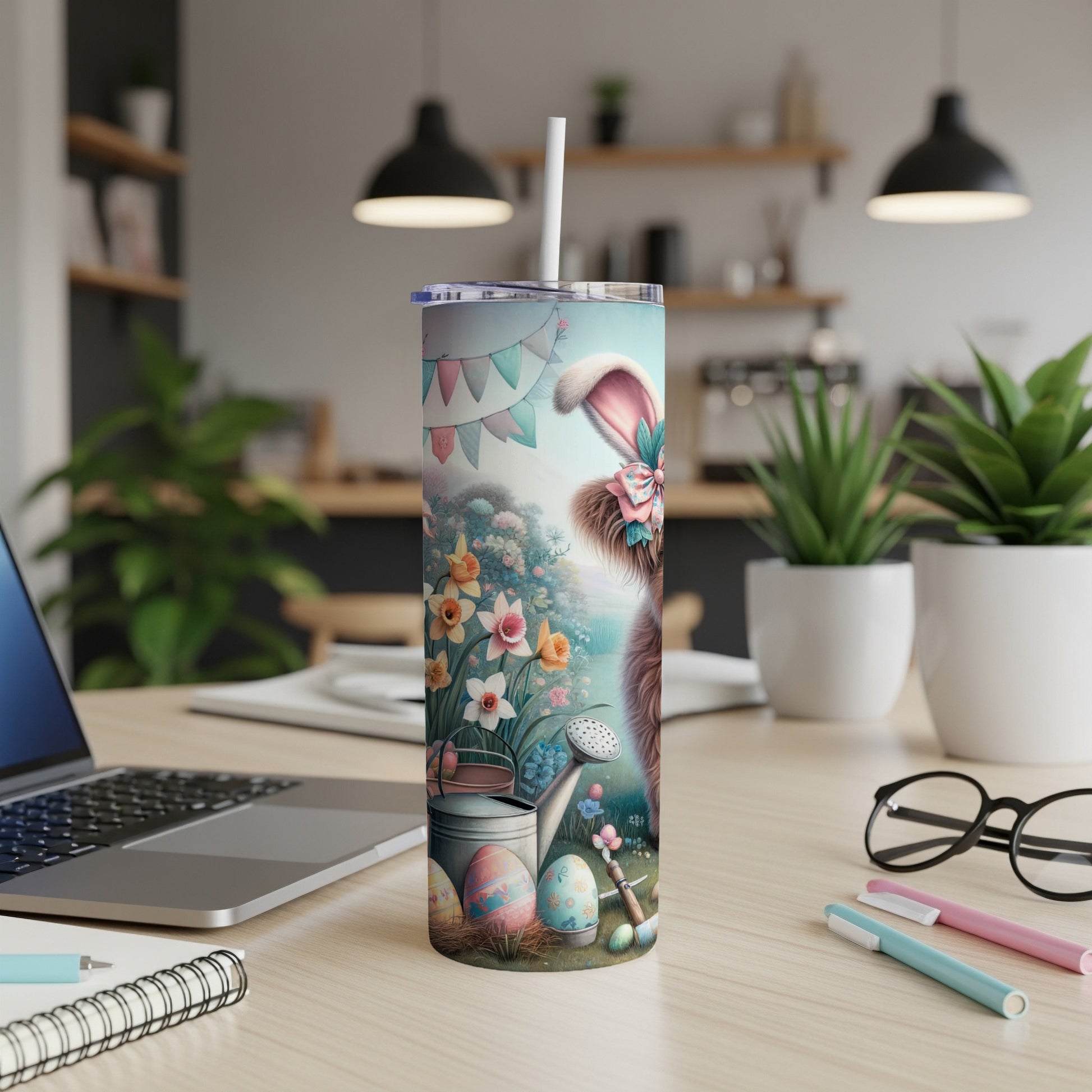 Easter bunny and decorated eggs on a pastel floral background, on a tumbler.