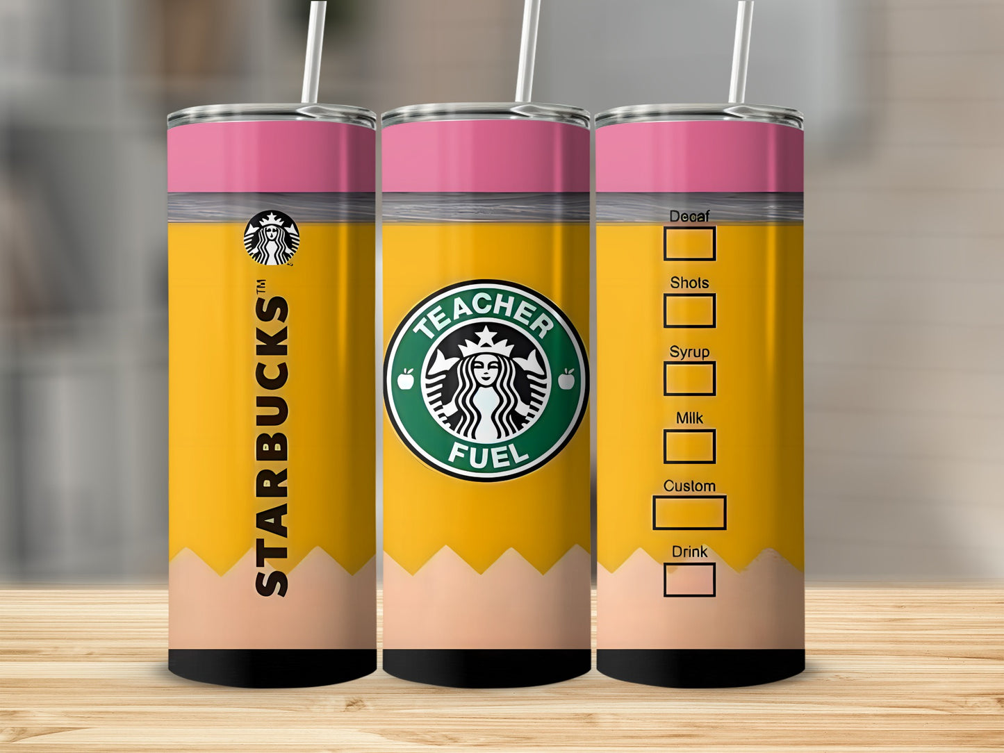 Starbucks Teacher Fuel tumbler with pencil design and drink order customization options.