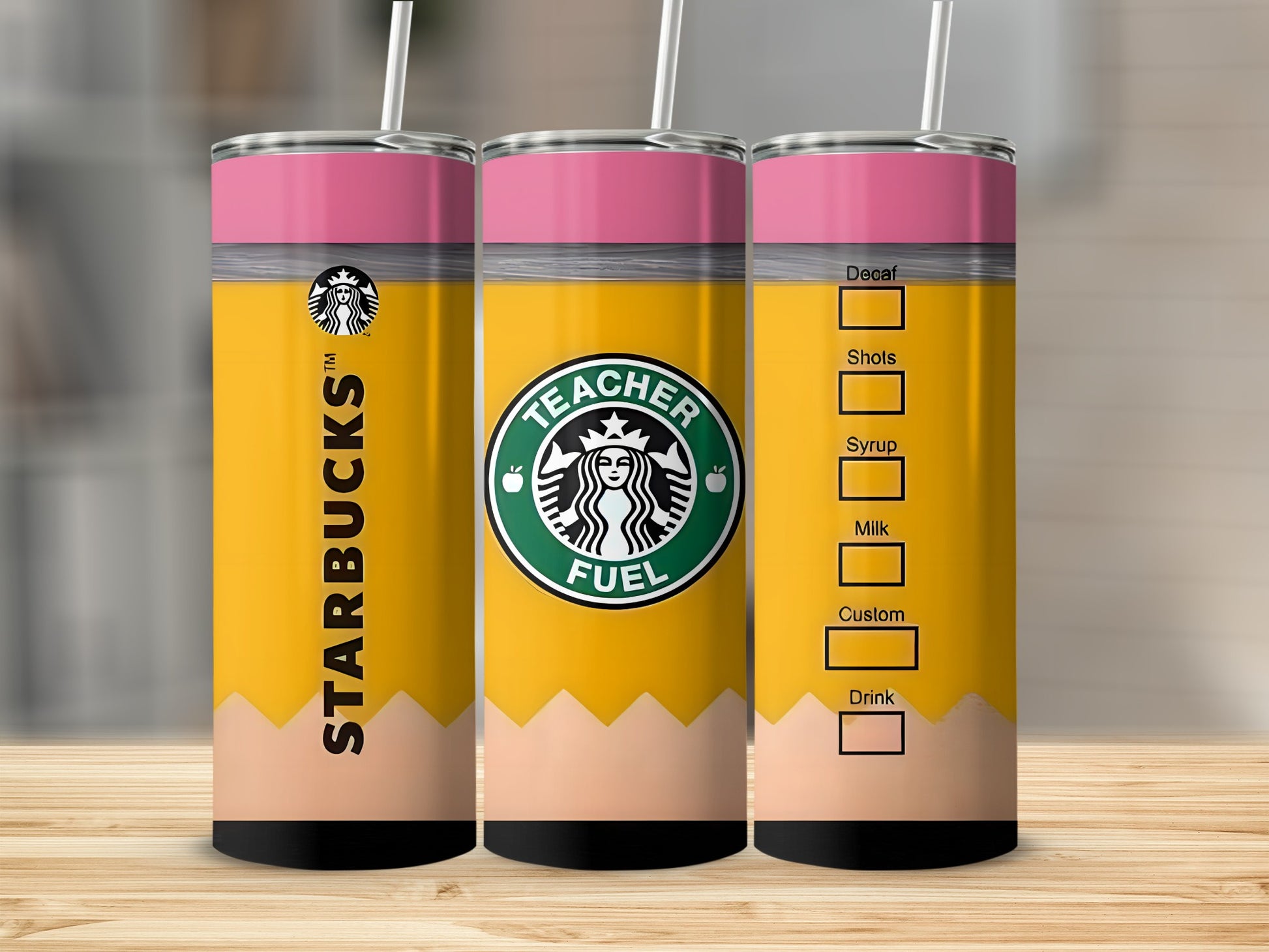 Starbucks Teacher Fuel tumbler with pencil design and drink order customization options.