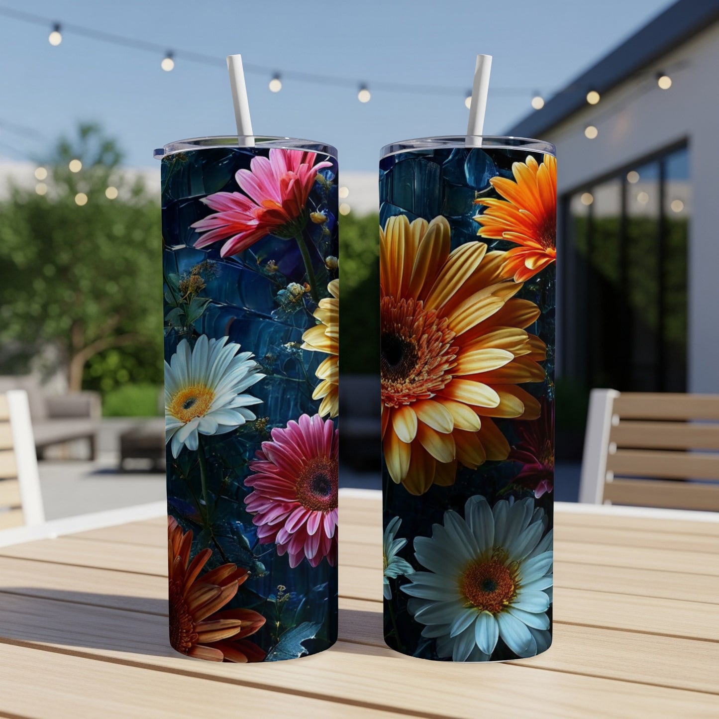 Two tall tumblers with floral designs featuring colorful daisies on a table.