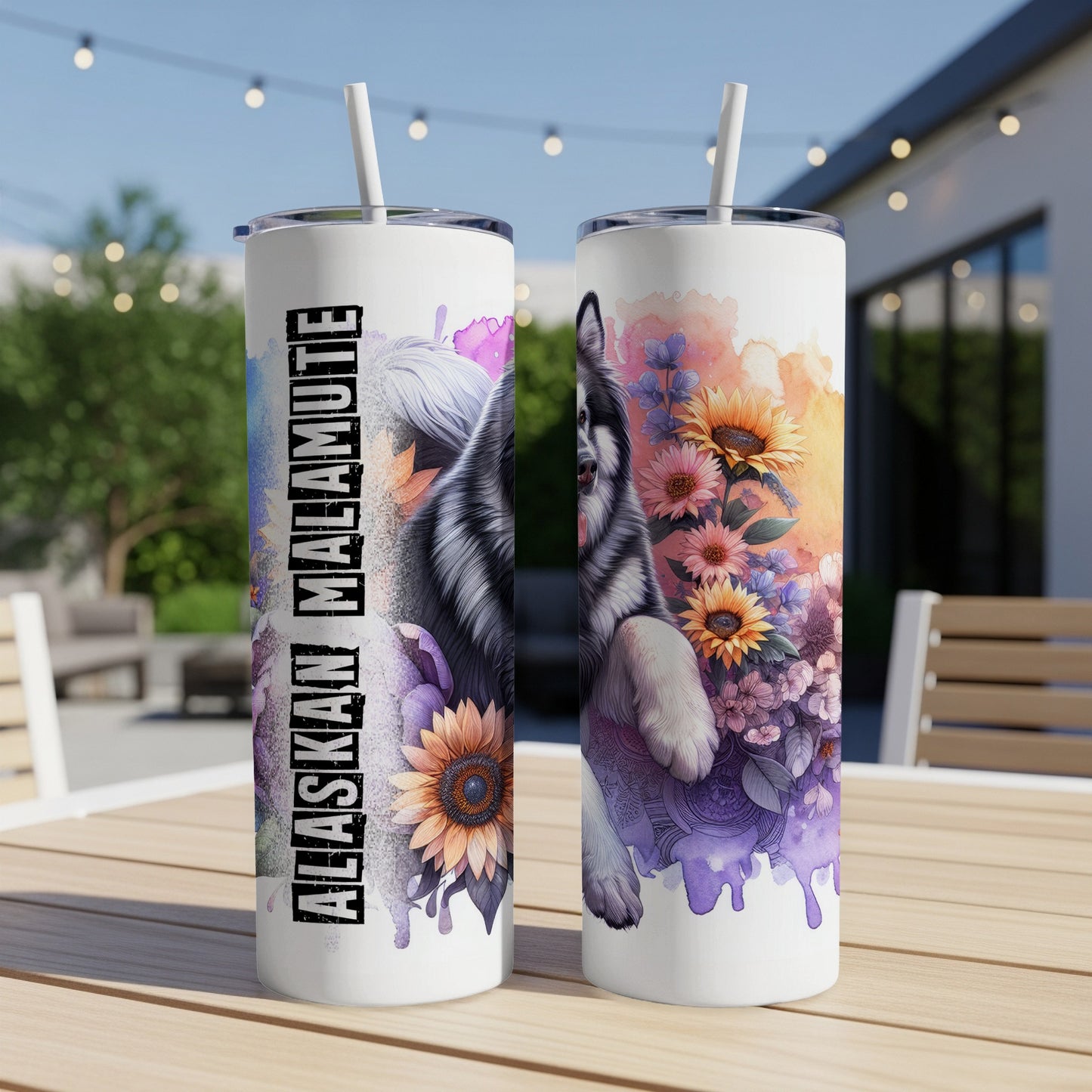 Two Alaskan Malamute tumblers with floral watercolor designs.