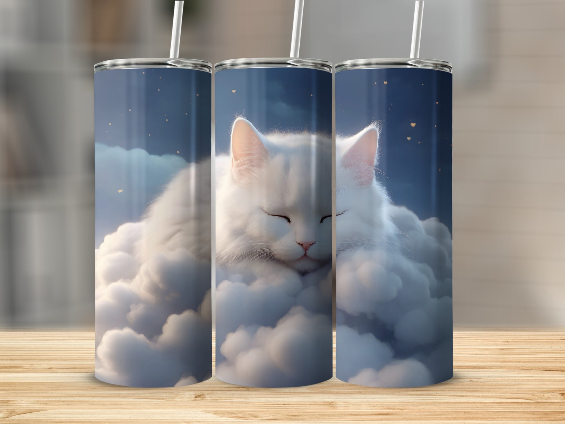 White cat sleeping peacefully on fluffy clouds with stars.