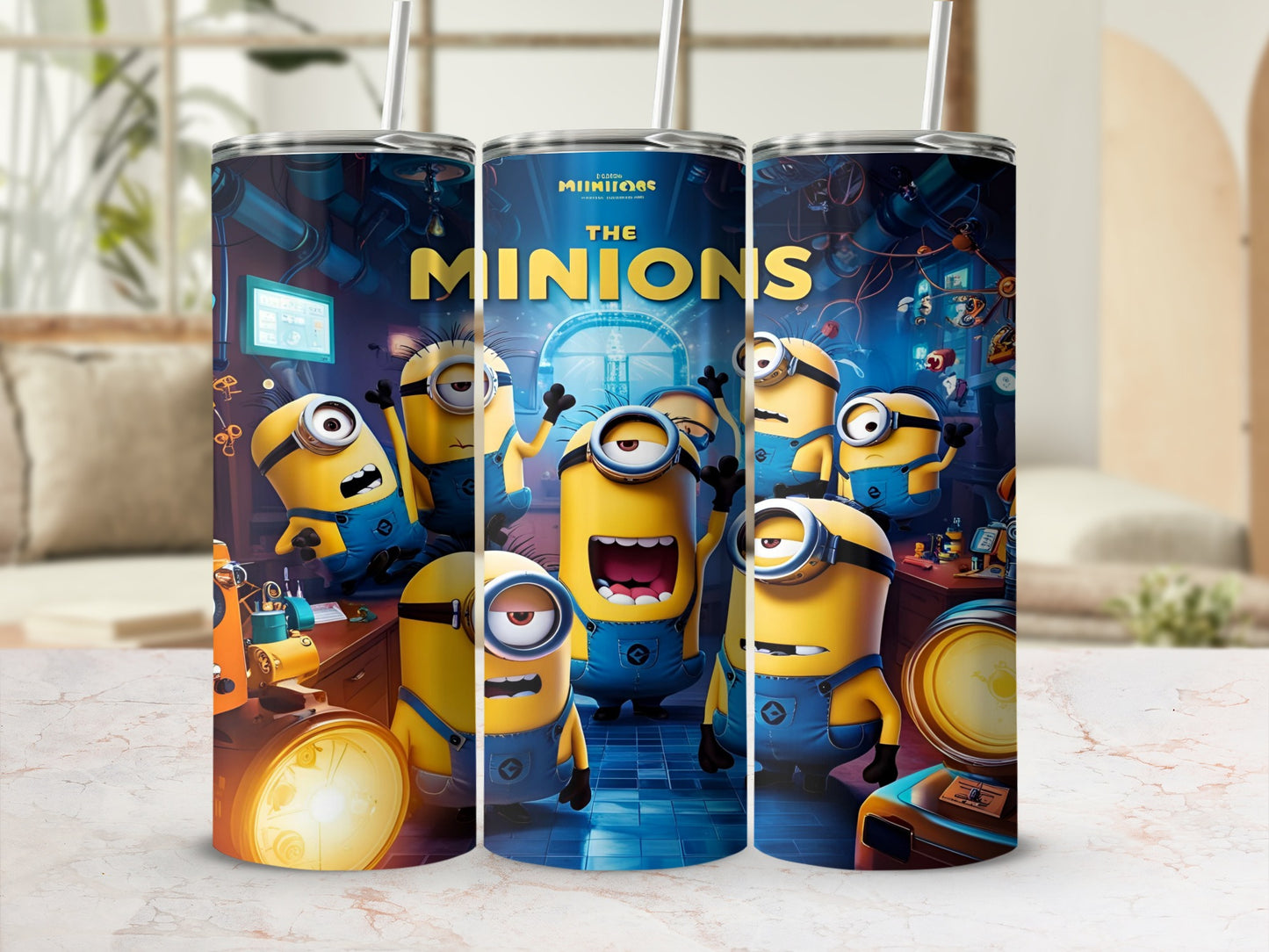 The Minions movie poster art on a stainless steel tumbler.