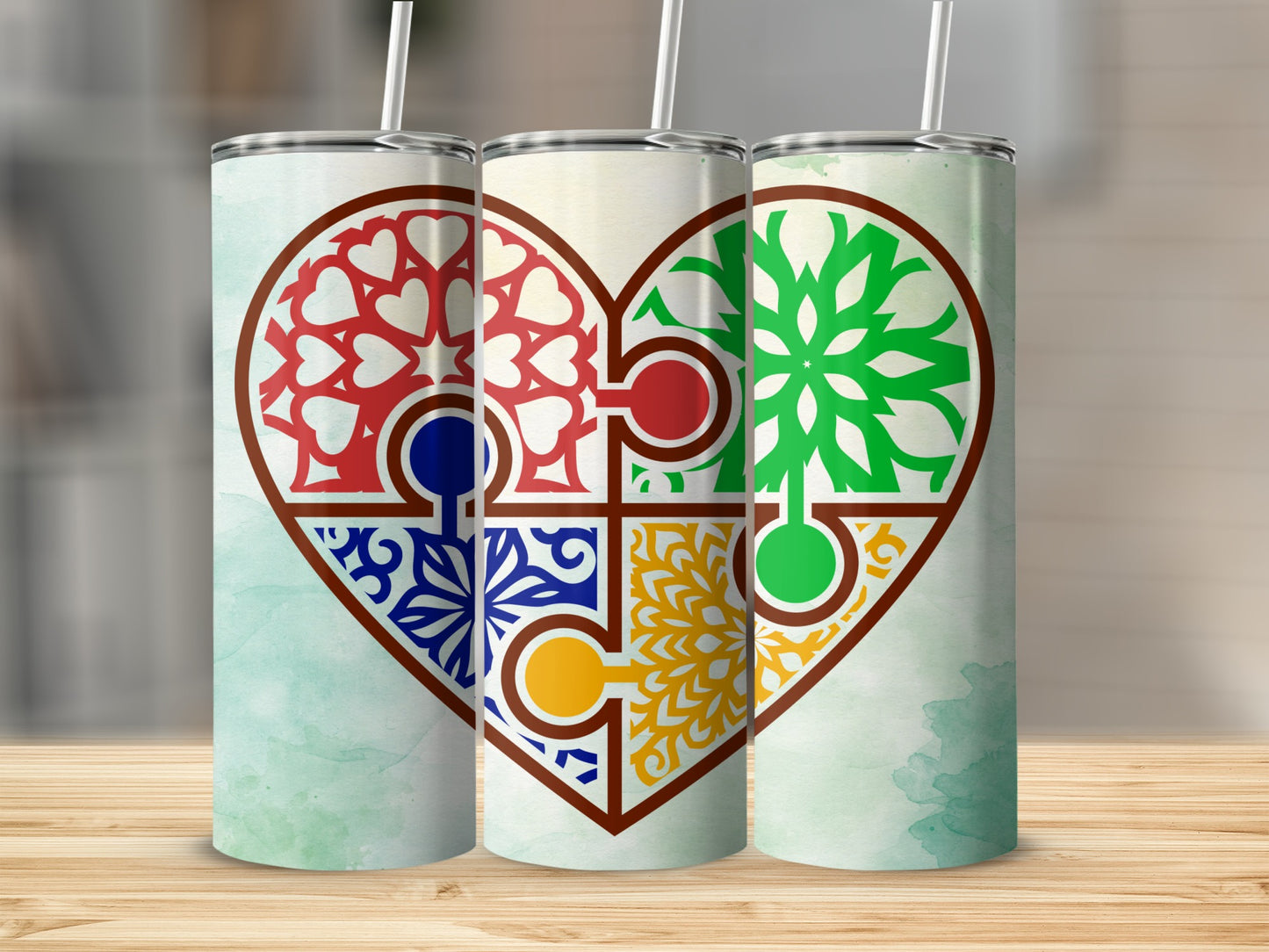 Colorful Heart Puzzle Design Stainless Steel Tumbler