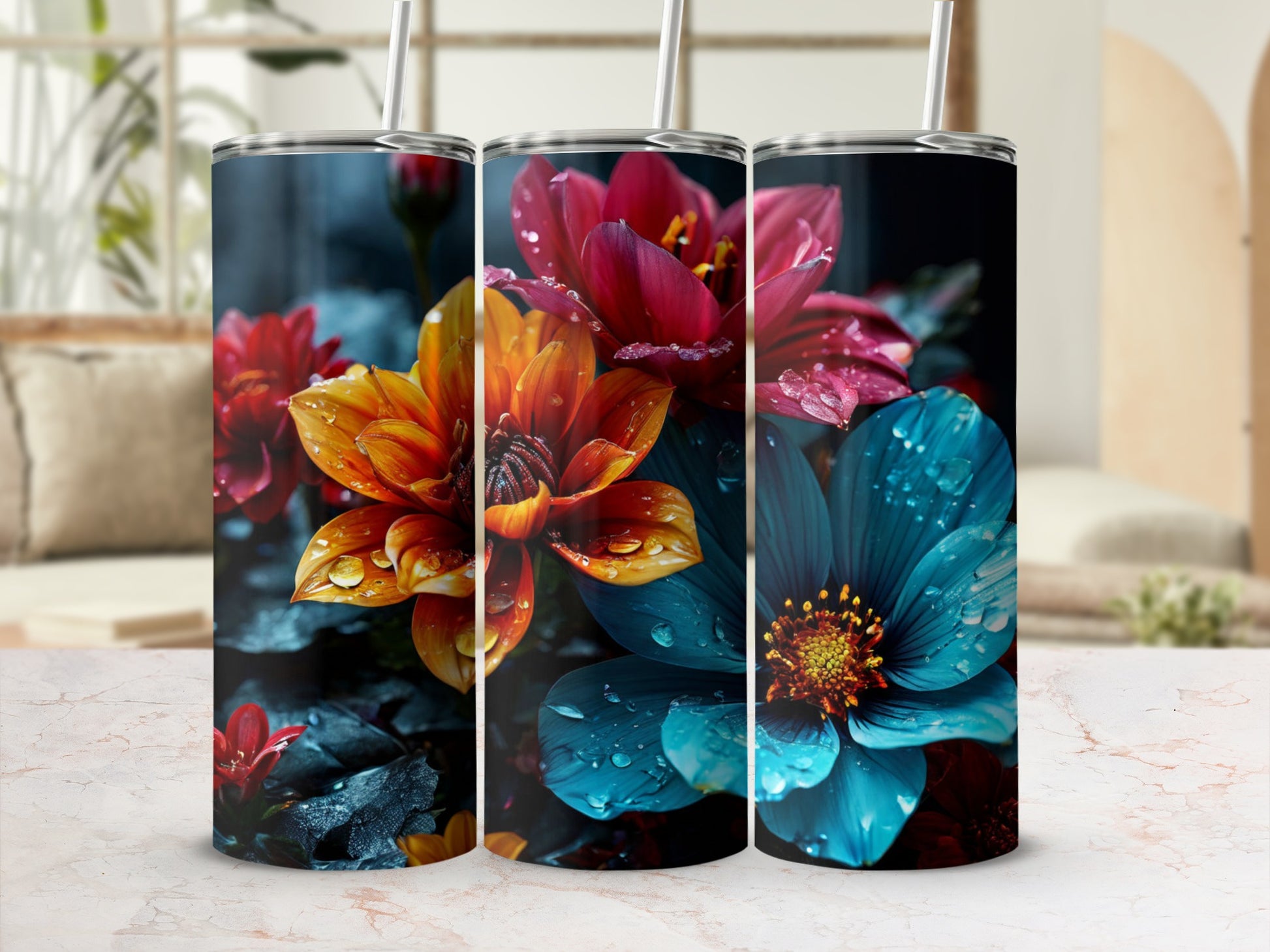 Three tumblers featuring close-ups of wet, vibrant flowers in orange and blue.