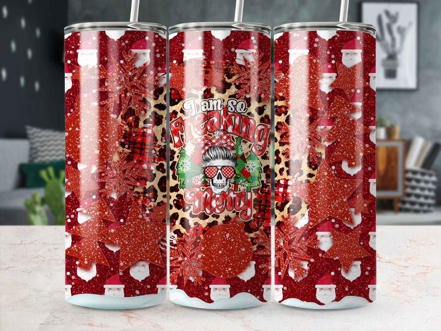 Tumbler with Santa Claus, snowflakes, cheetah print, and "I am so freaking snow-ly" text.