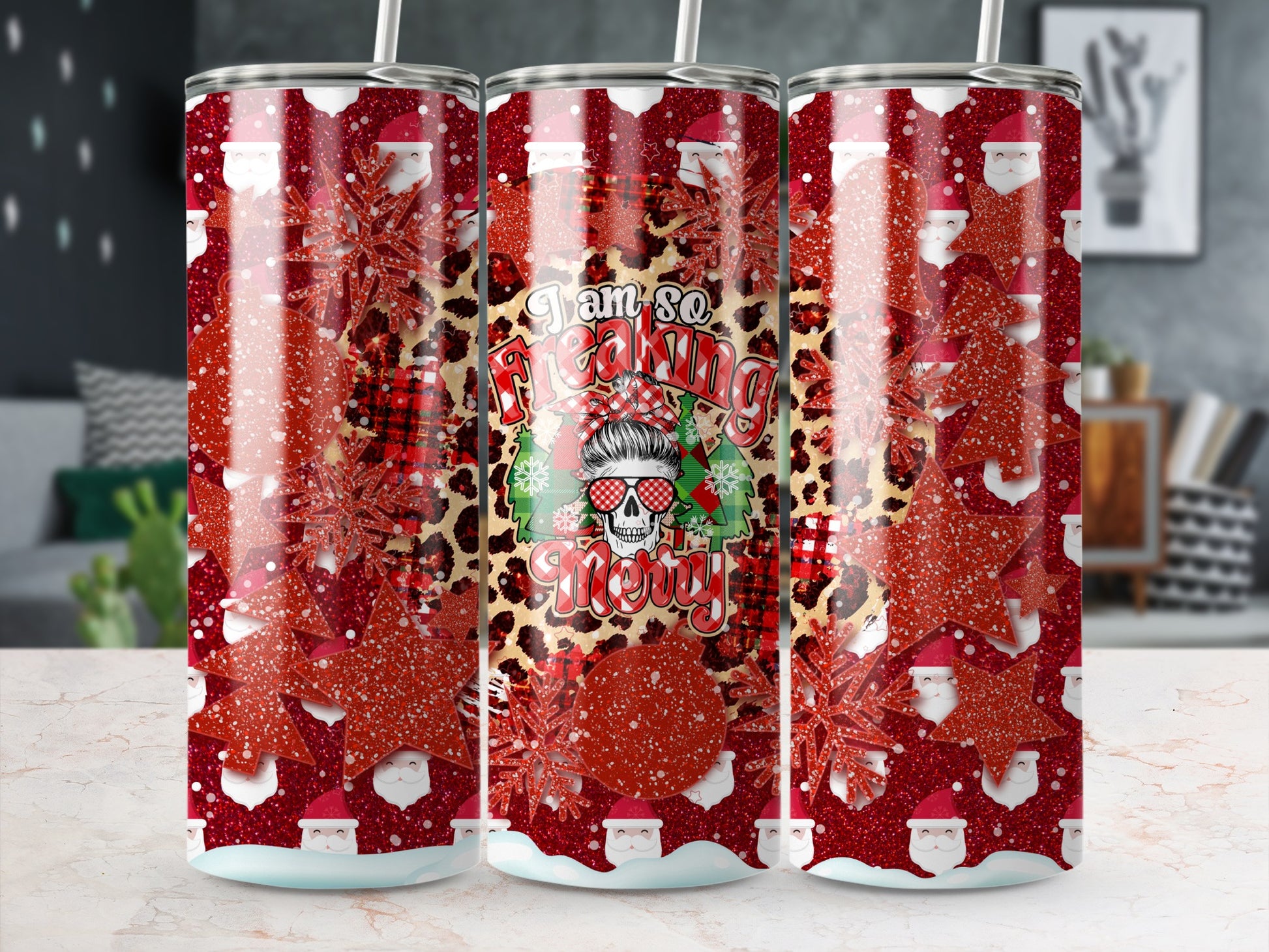 Tumbler with Santa Claus, snowflakes, cheetah print, and "I am so freaking snow-ly" text.