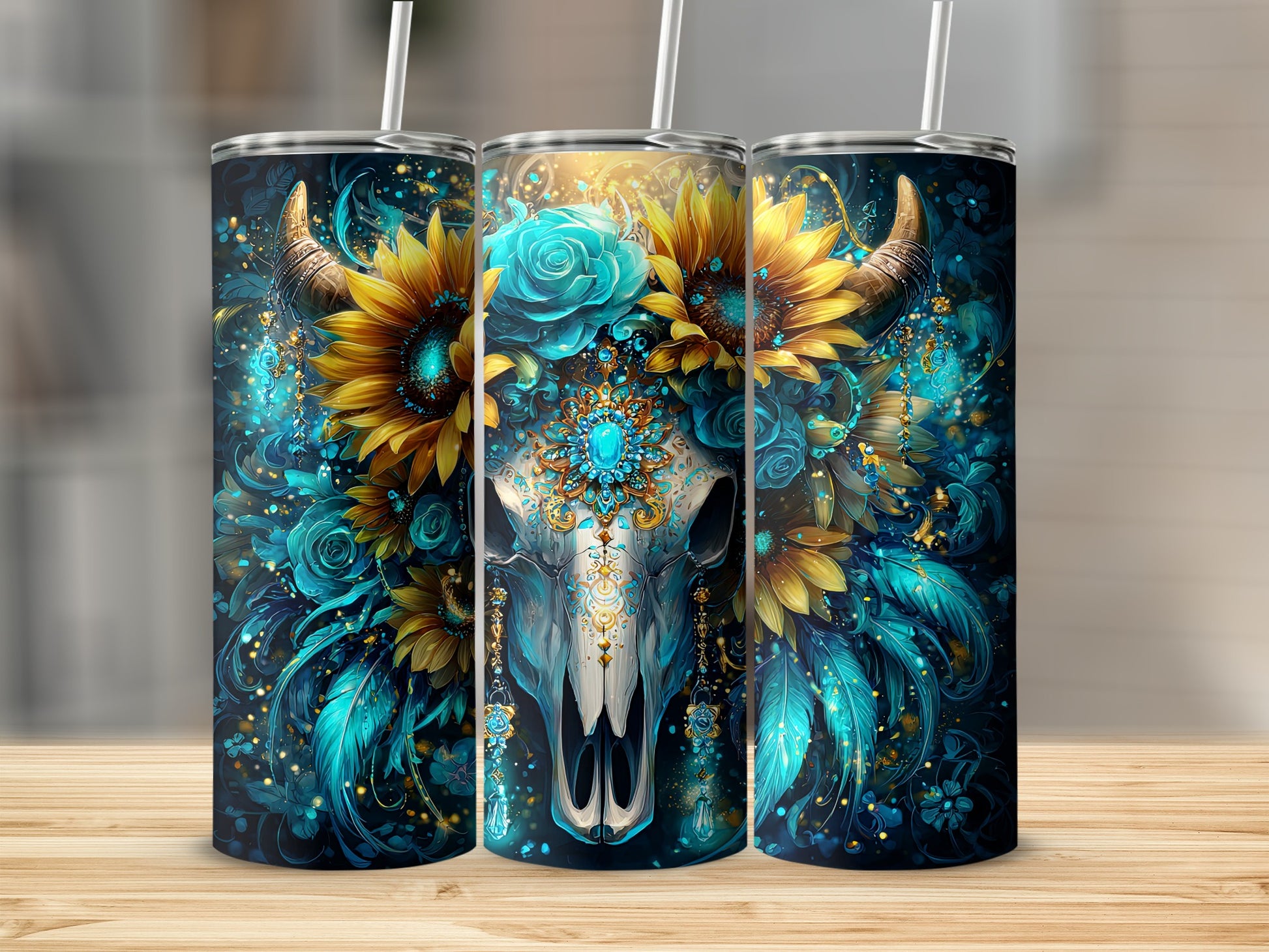 Colorful Boho Skull and Floral Design Tumbler