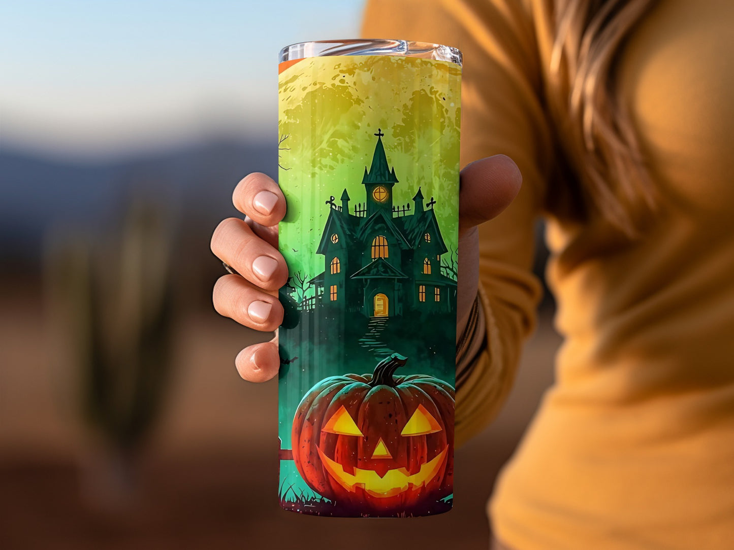 Spooky Halloween Night Featuring Pumpkin With Haunted House Tumblers