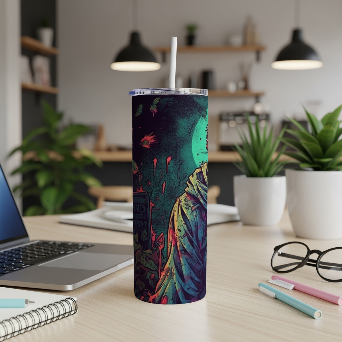 Tumbler with a dark, spooky illustration featuring a hooded figure and glowing green moon.
