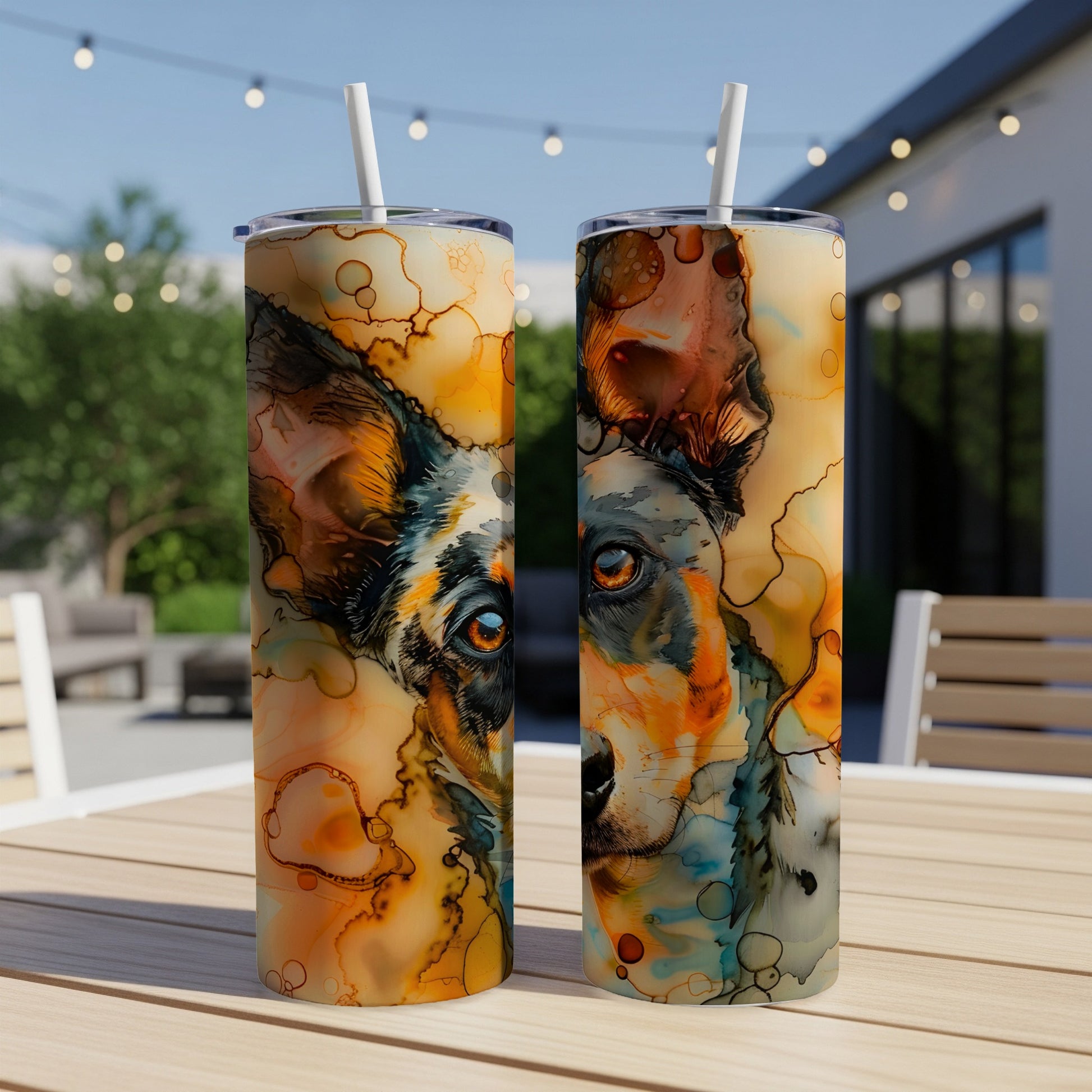 Two tumblers featuring a watercolor portrait of a dog with warm, abstract color splashes.