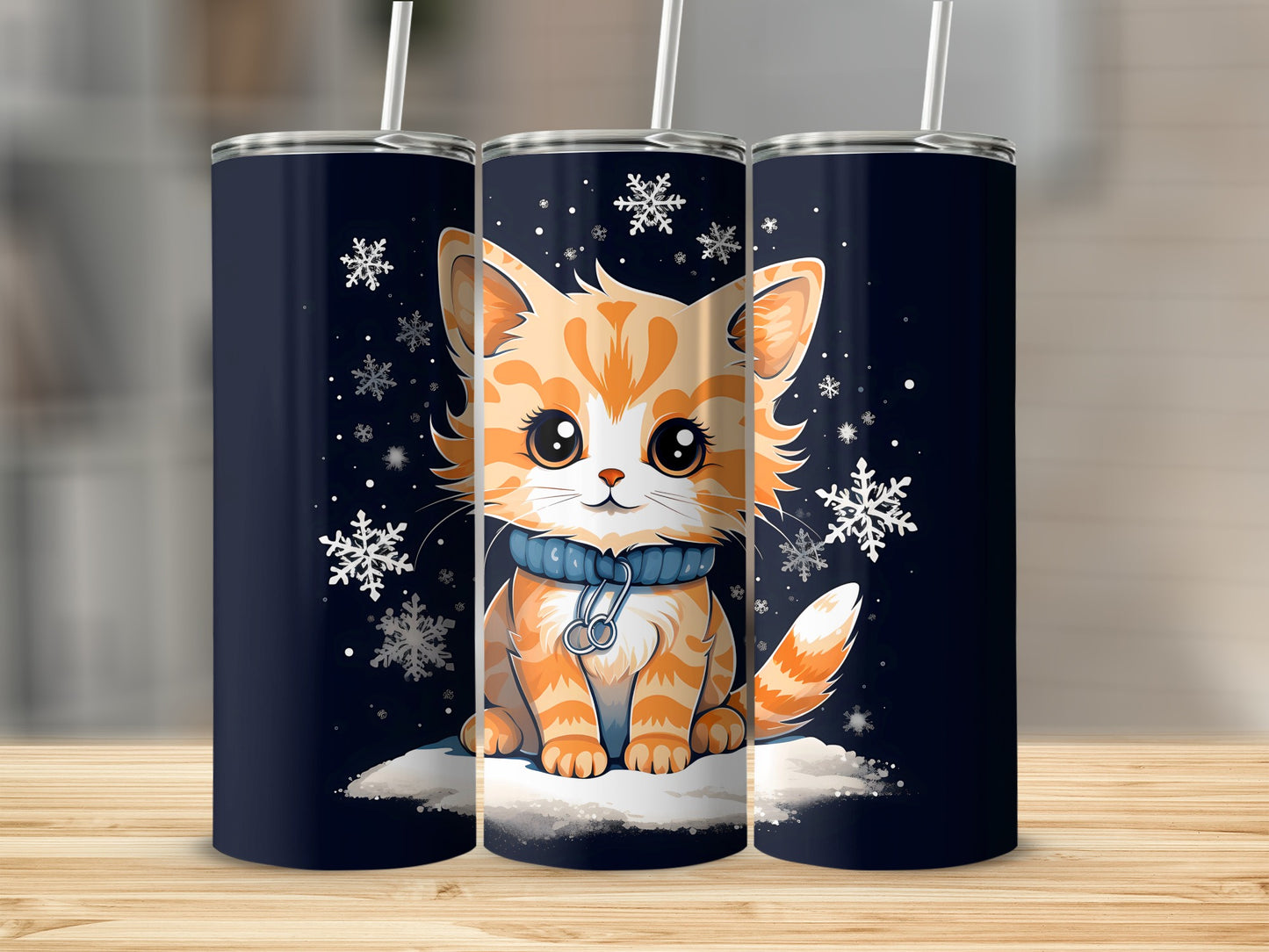 Cute cartoon cat wearing a blue collar, on a white cloud, surrounded by snowflakes.