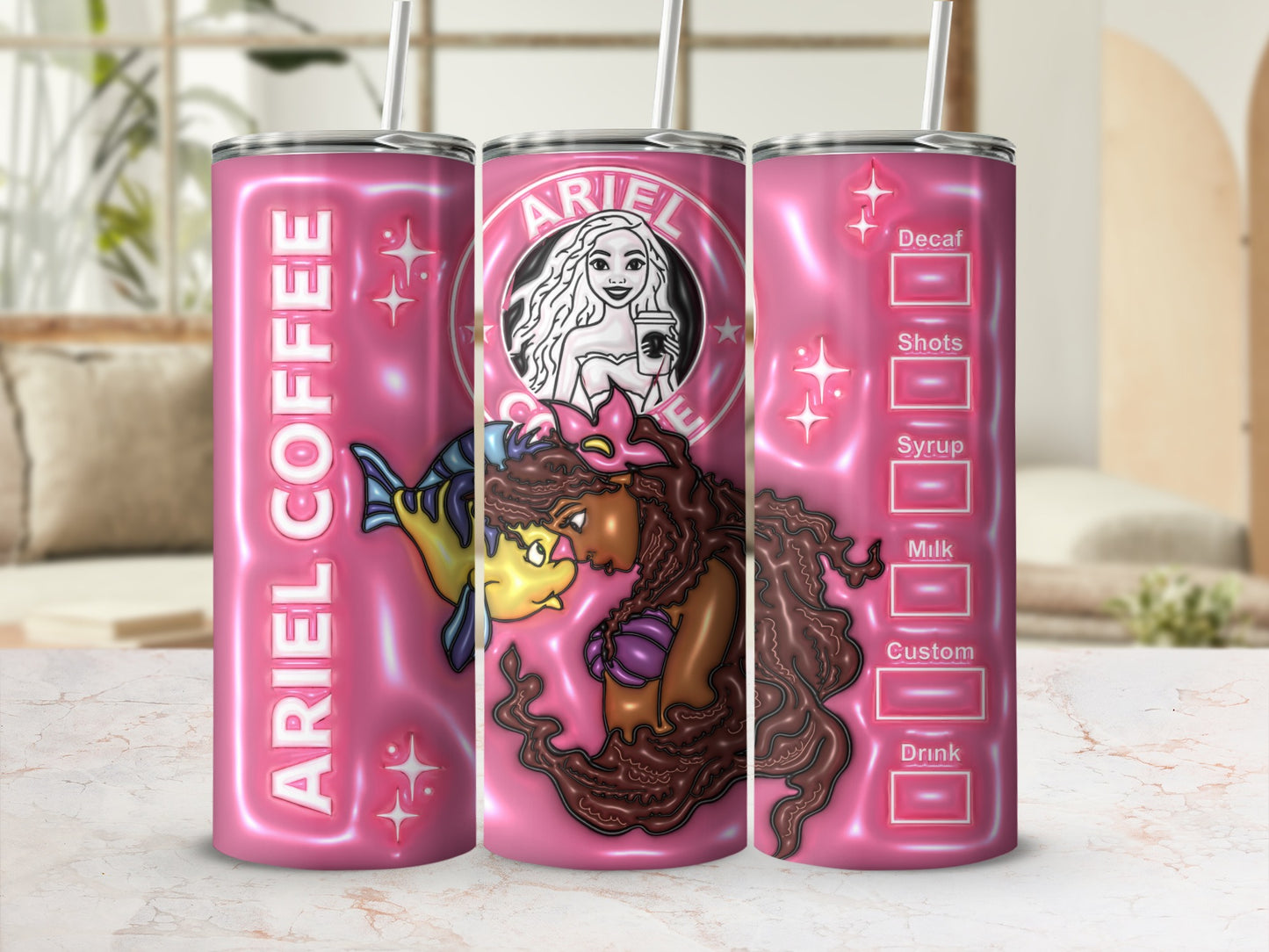 Custom Ariel Coffee Mermaid Tumbler with Straw 20oz