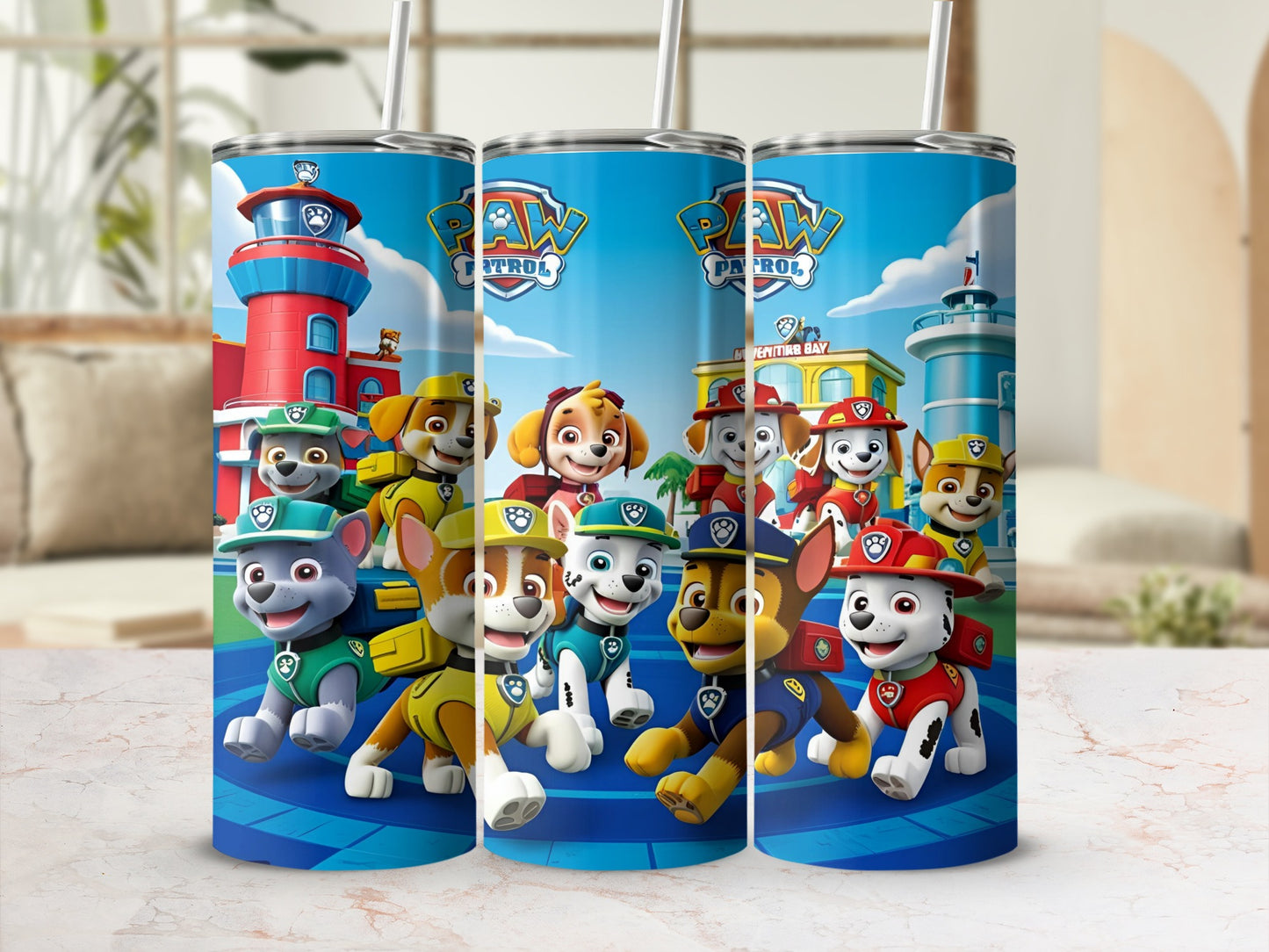 Paw Patrol characters on tumblers with Adventure Bay background.