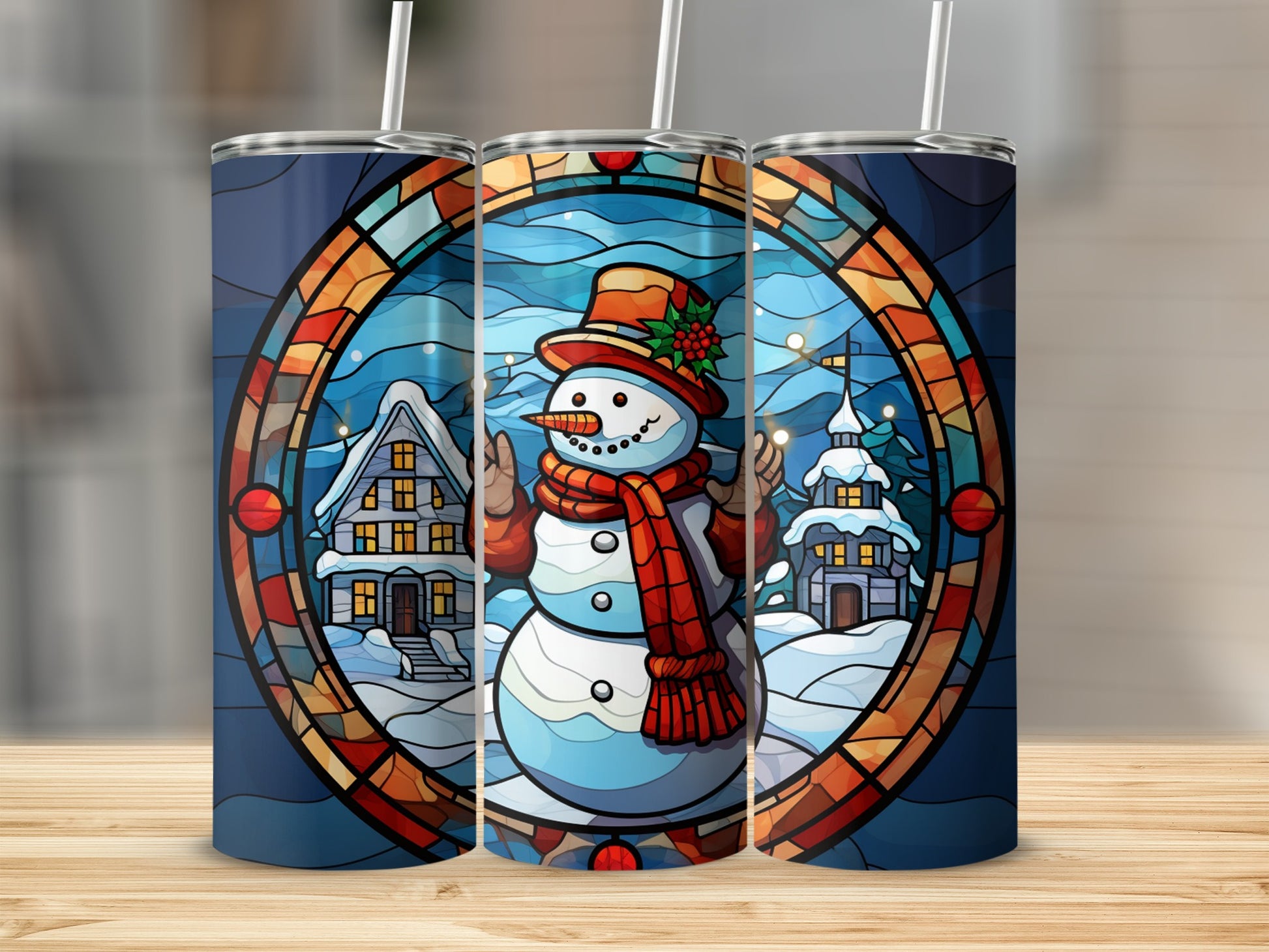 Stained glass snowman and winter village design on a tumbler.