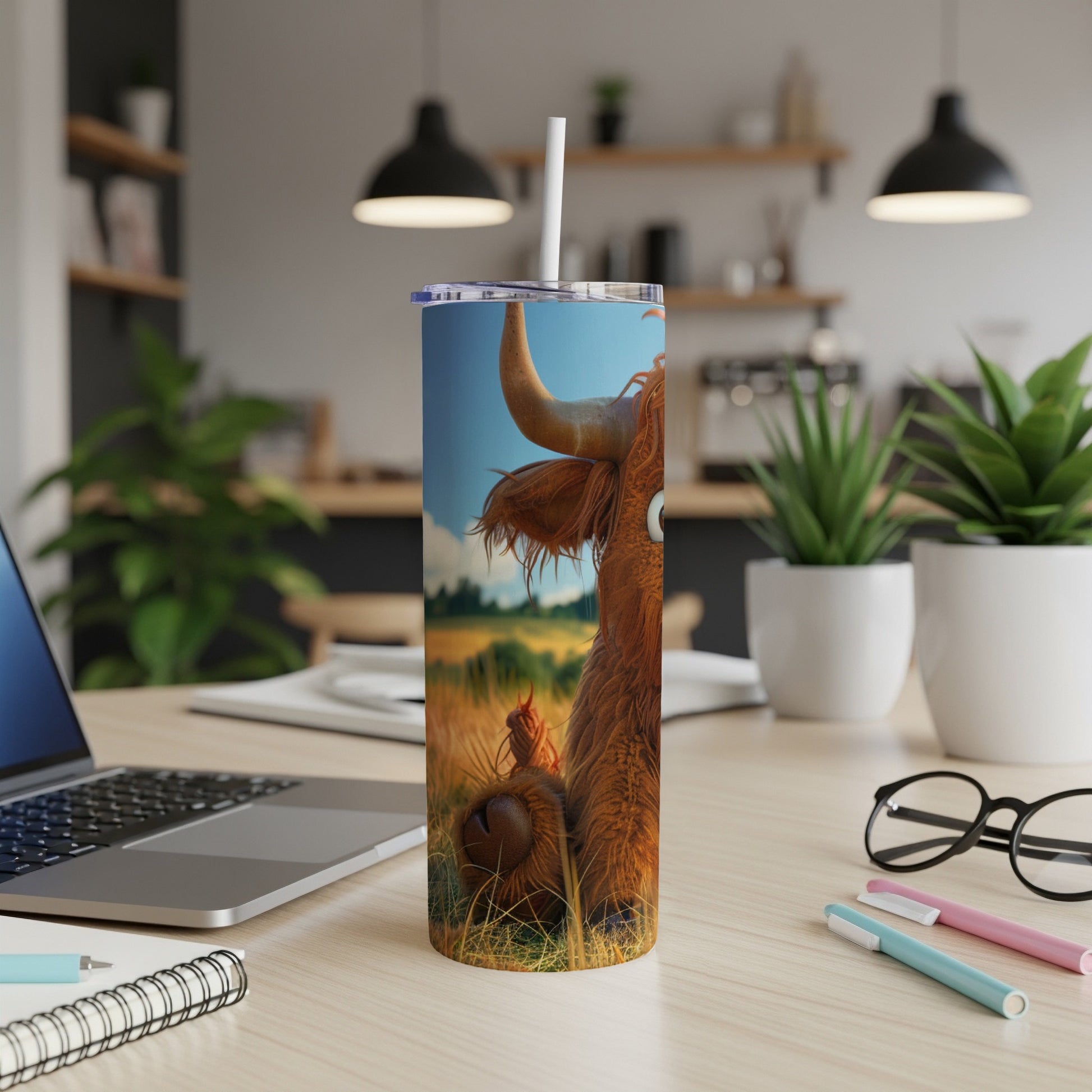 Cartoon highland cow on a tumbler cup with a straw.