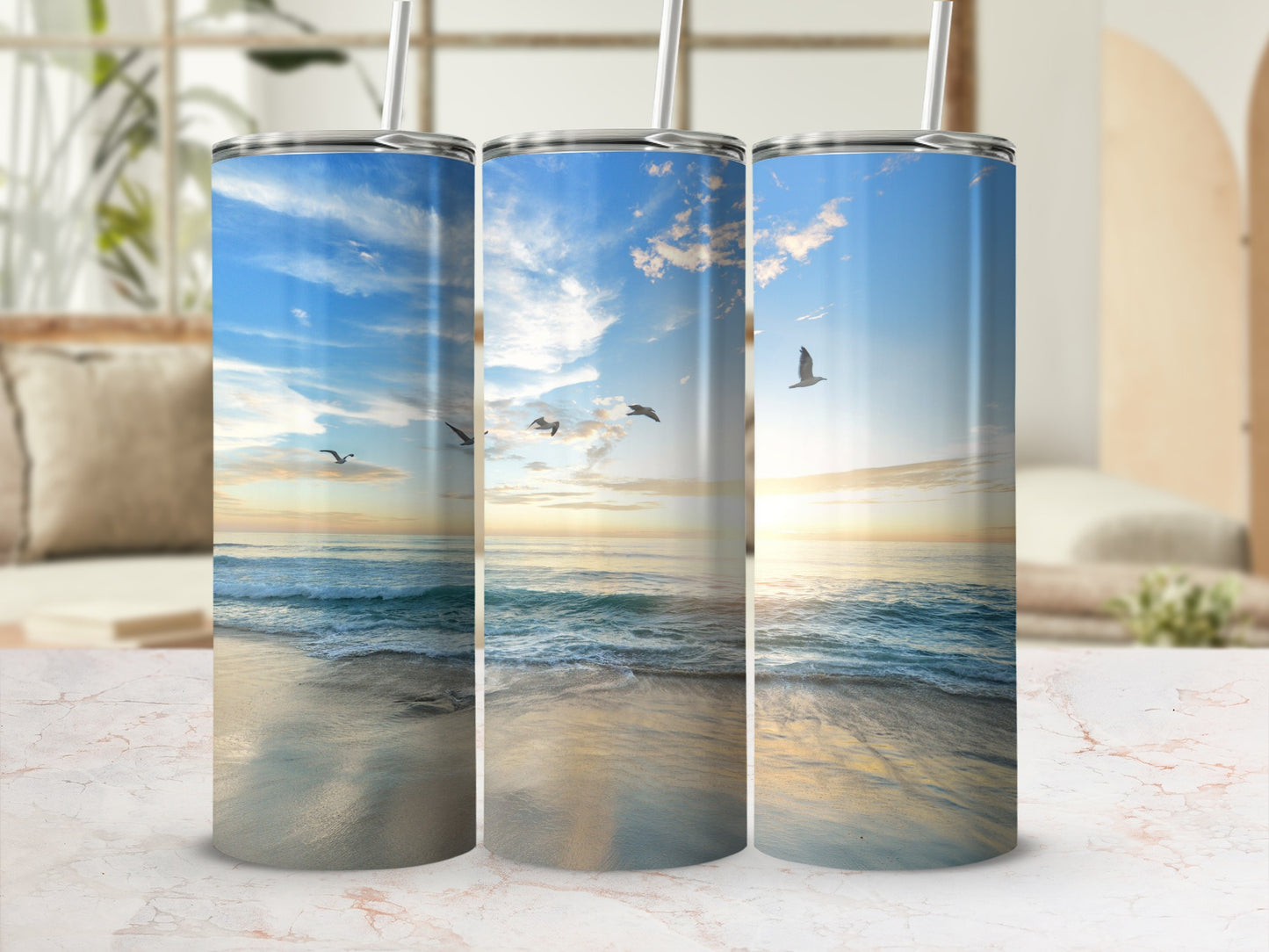 Scenic Coastal Seagull Sunrise Beach Drinkware Tumbler