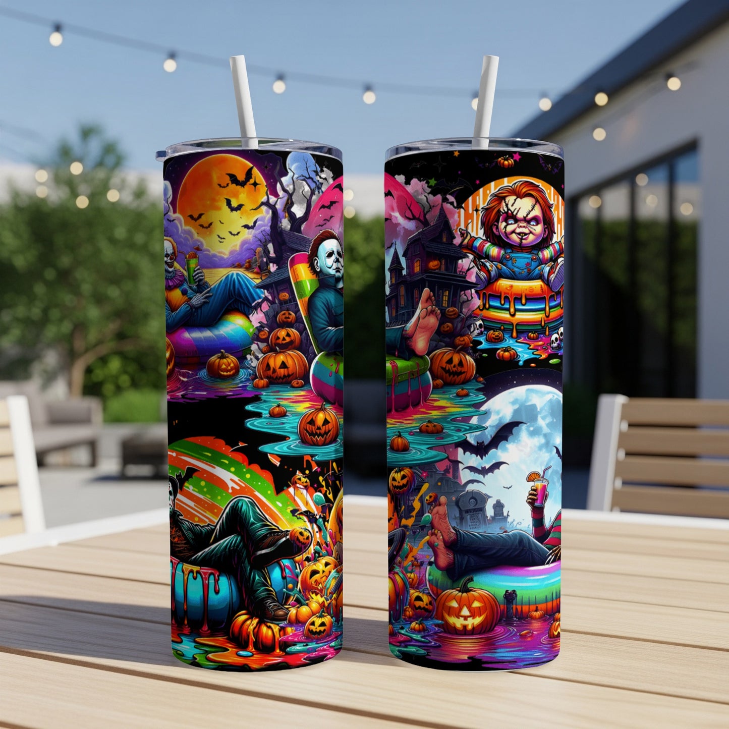 Two tumblers with Halloween horror characters and pumpkins on a rainbow background.