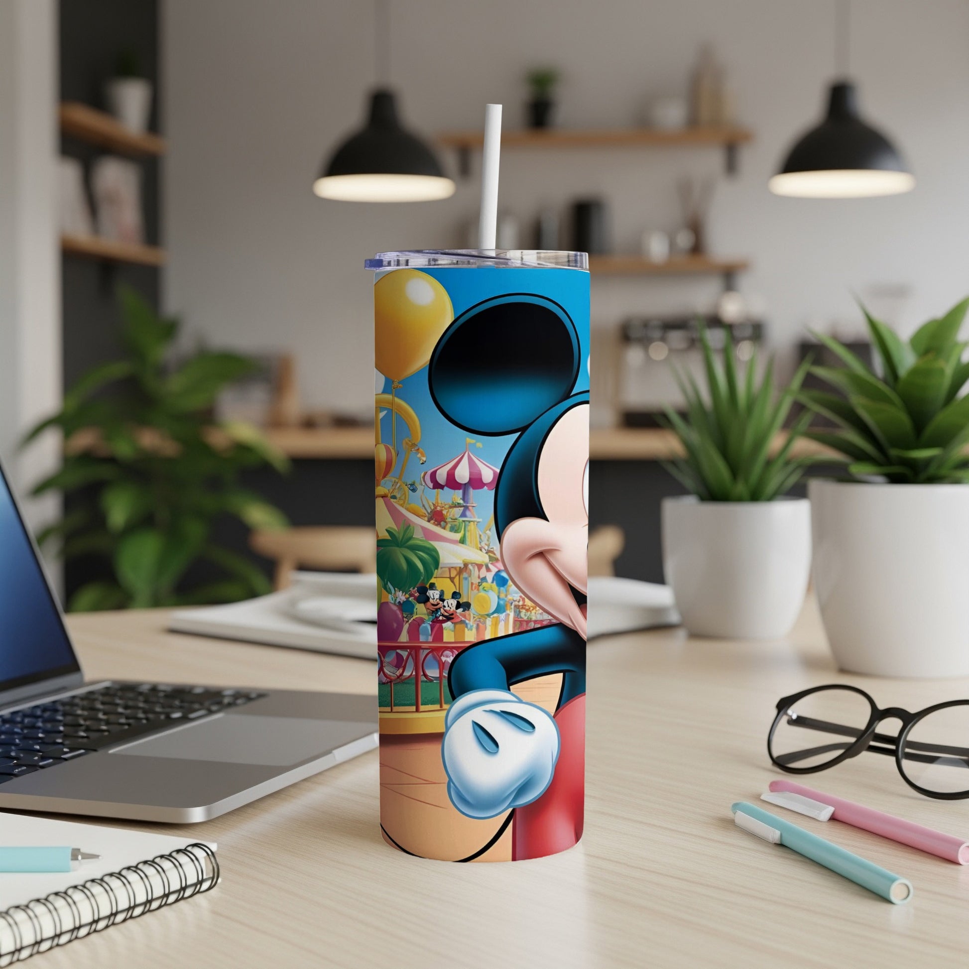 Mickey Mouse tumbler with park scene and Disney castle illustration.