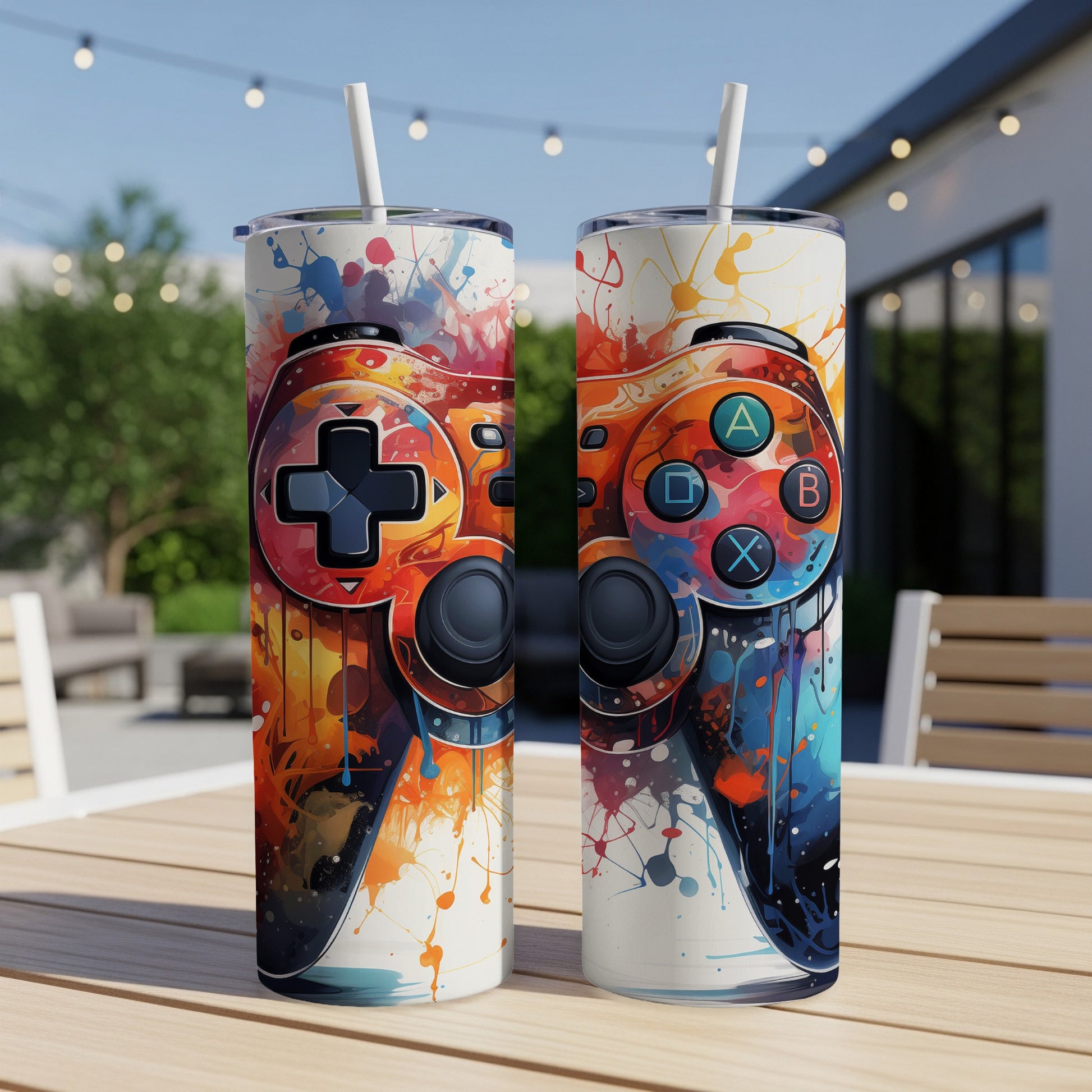 Two tumblers with colorful video game controller abstract art design.