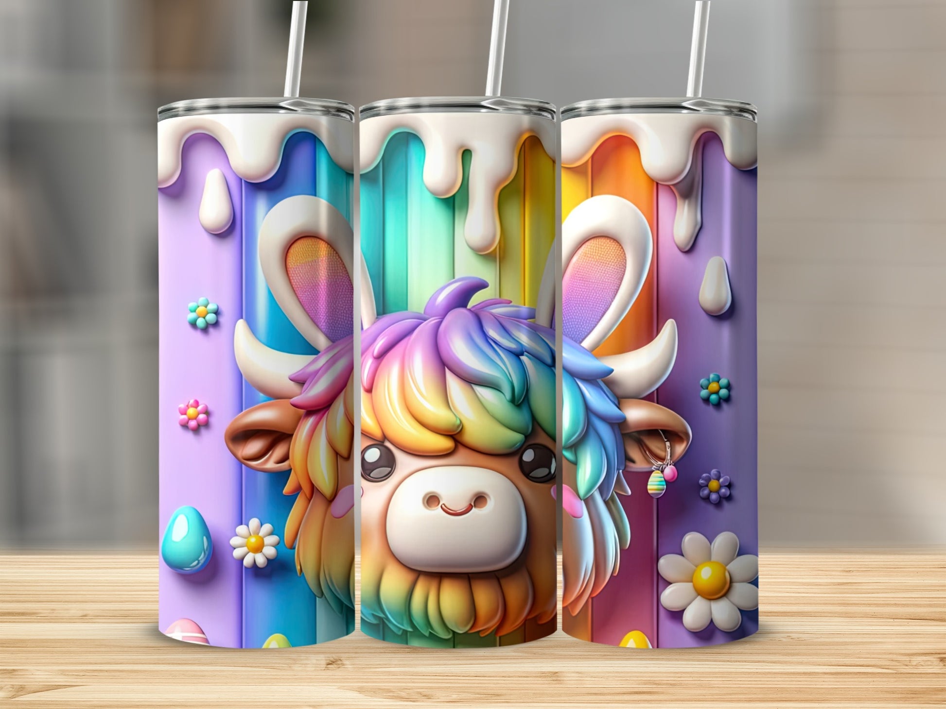 Highland cow with rainbow hair and Easter egg accents on a tumbler.