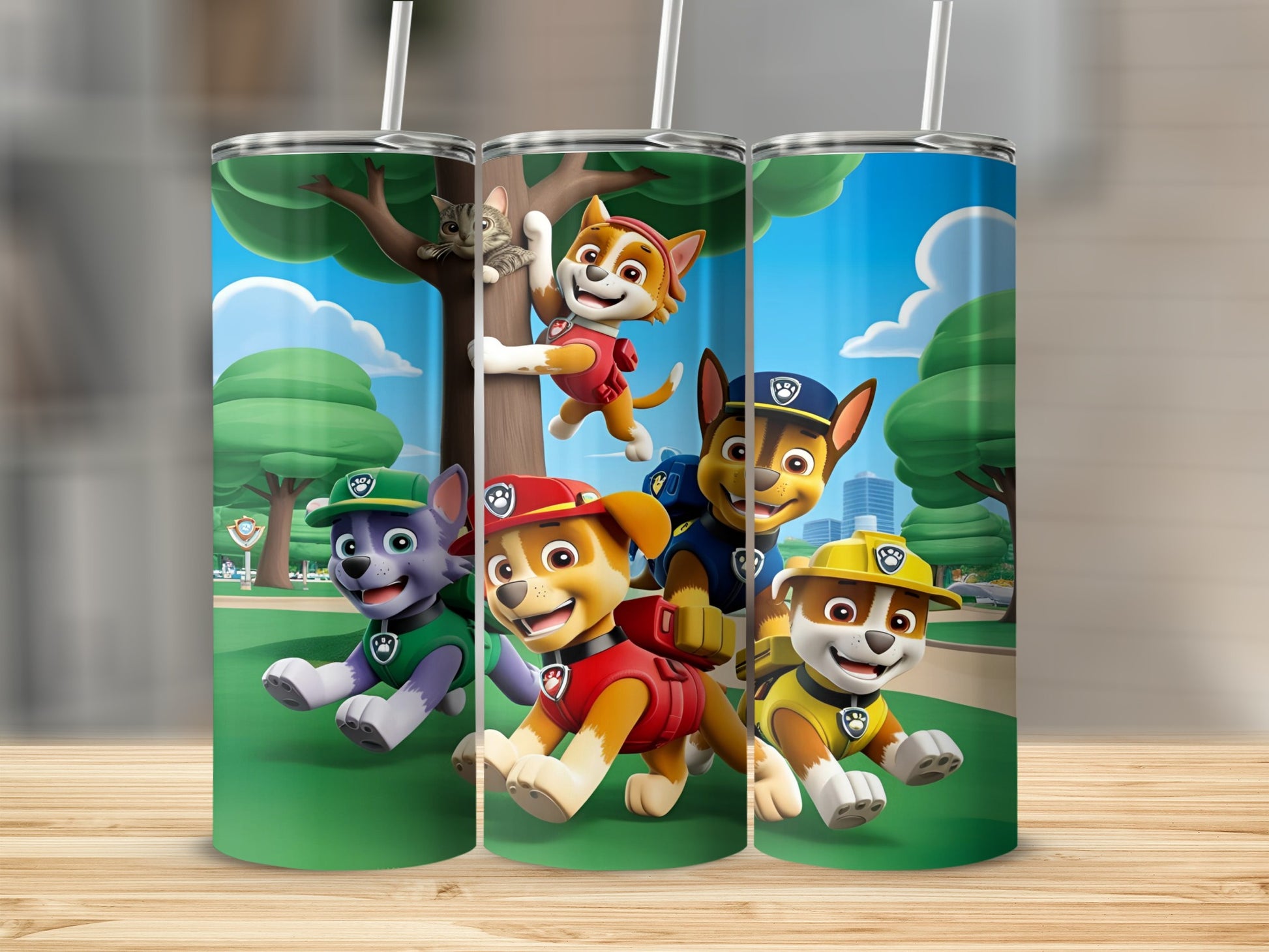 Paw Patrol characters on tumblers, with a tree and playful background.