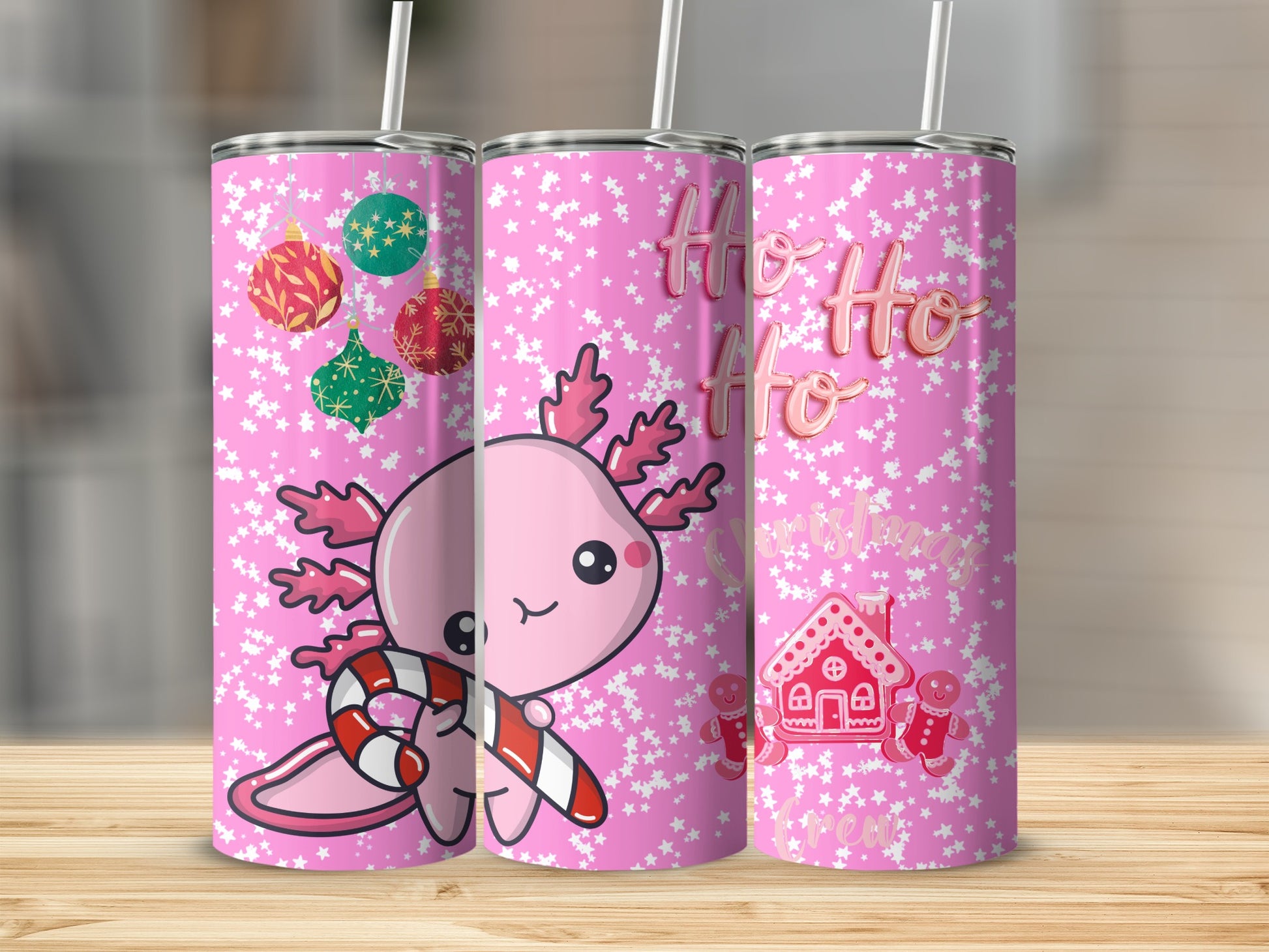 Axolotl Christmas Tumbler with Festive Decorations