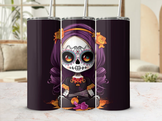 Three tumblers display a Day of the Dead sugar skull girl with purple hair and flowers.