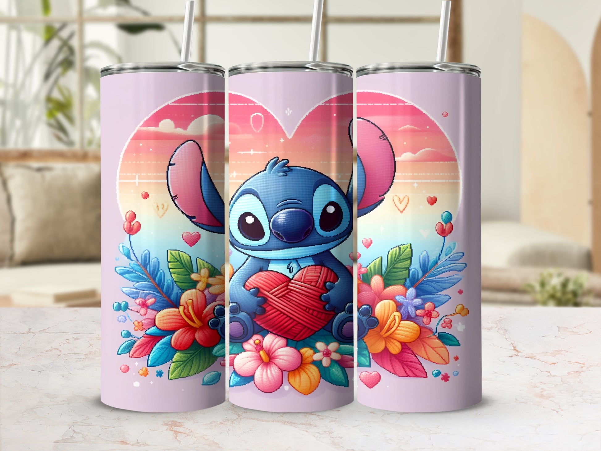 Stitch holding a heart, surrounded by flowers on a pastel background.