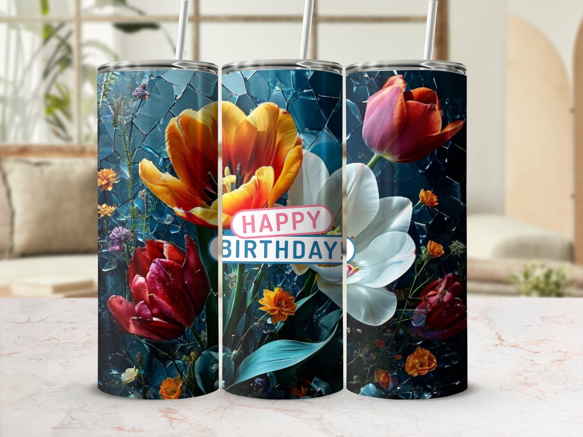 Happy Birthday tumbler with tulips and floral background.
