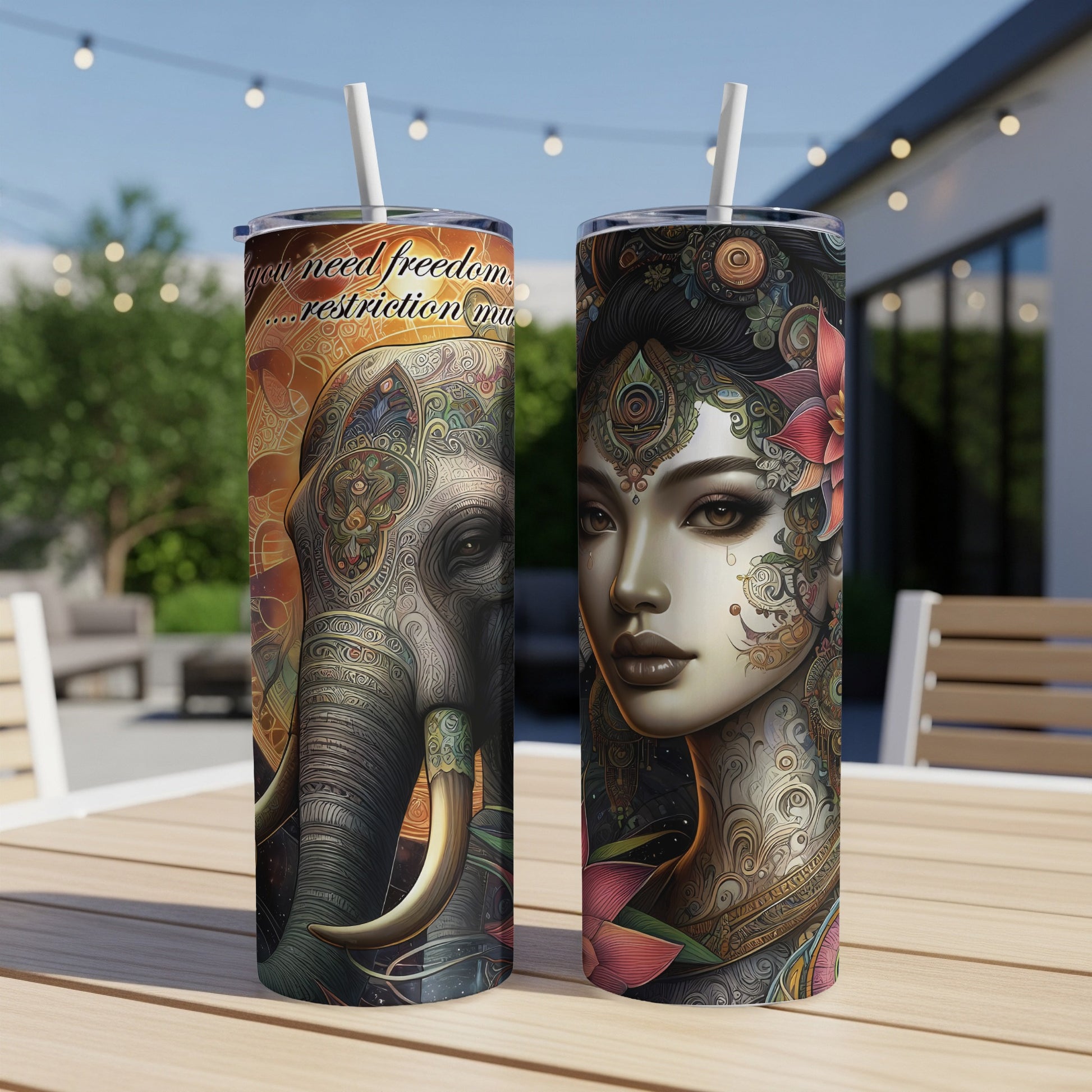 Tumbler with elephant and woman with intricate face paint and colorful floral accents.