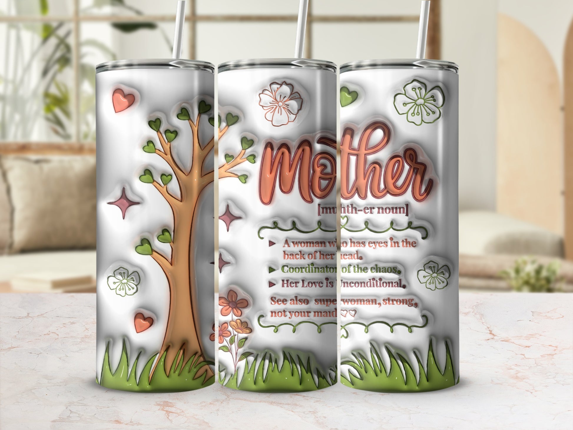 Mother tumbler with "Mother" definition and illustrated tree.