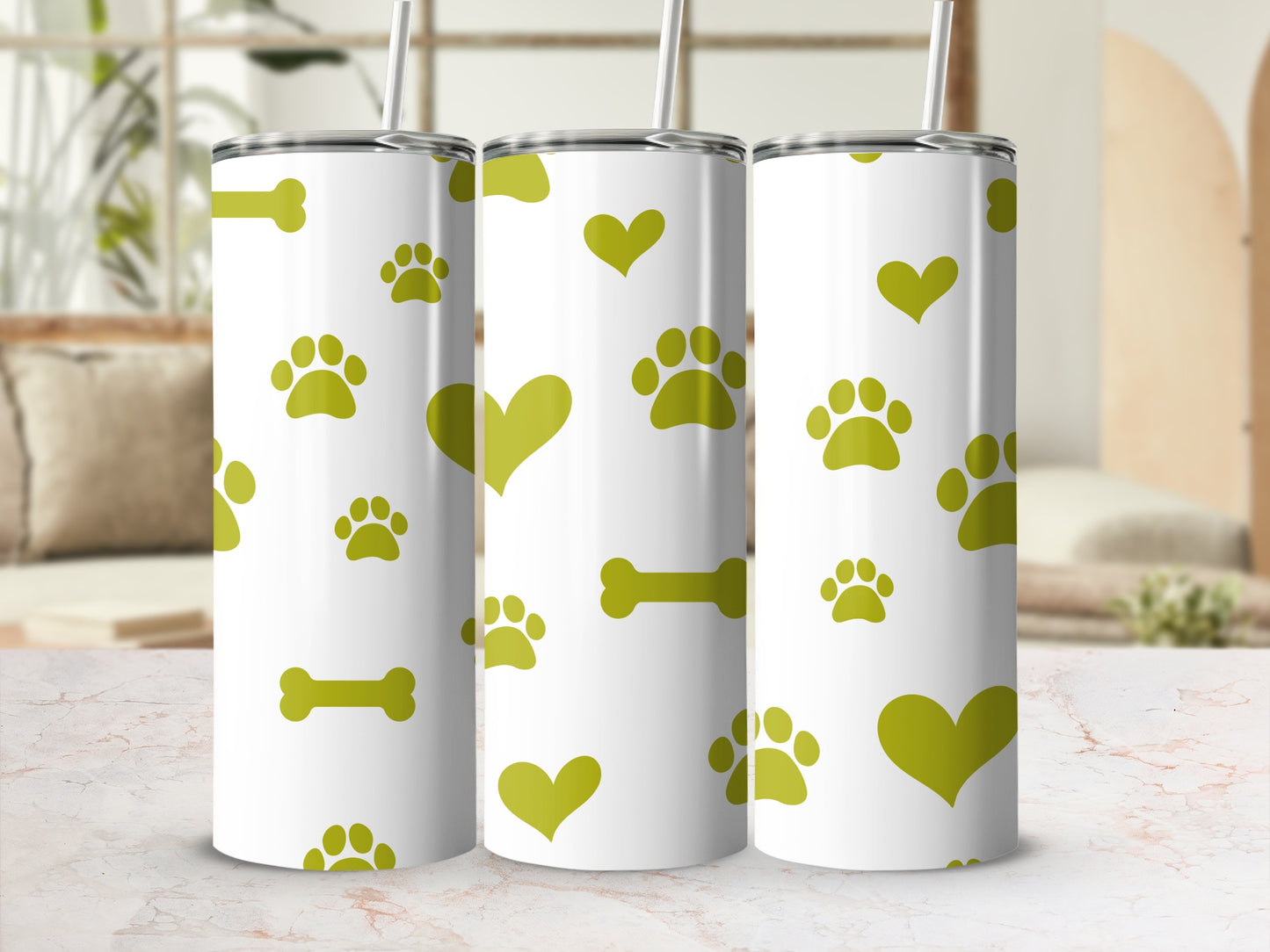 Cute Green Paw Print and Bone Pattern Tumbler Cup