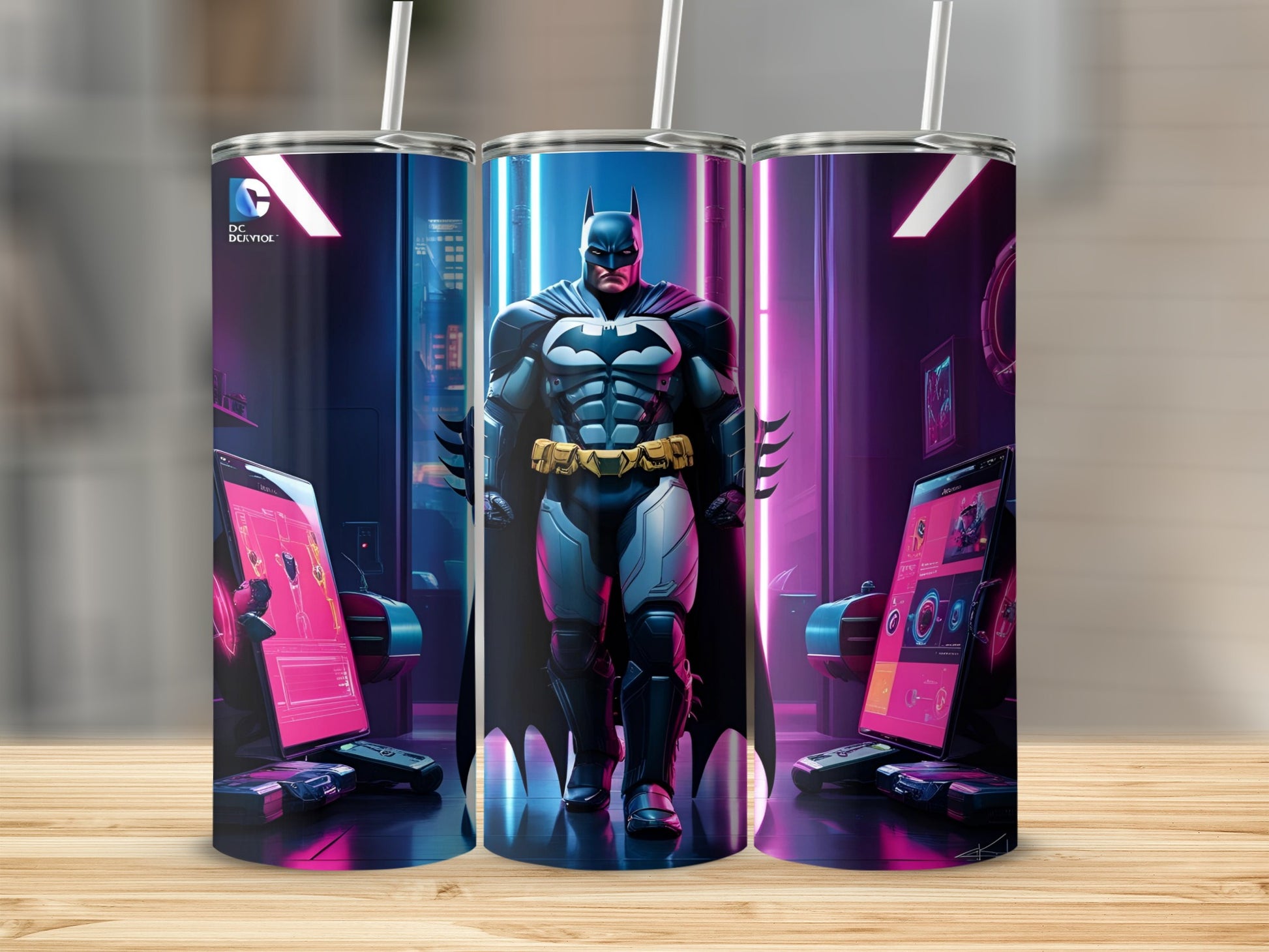 Batman stands in a futuristic setting with computers and screens.