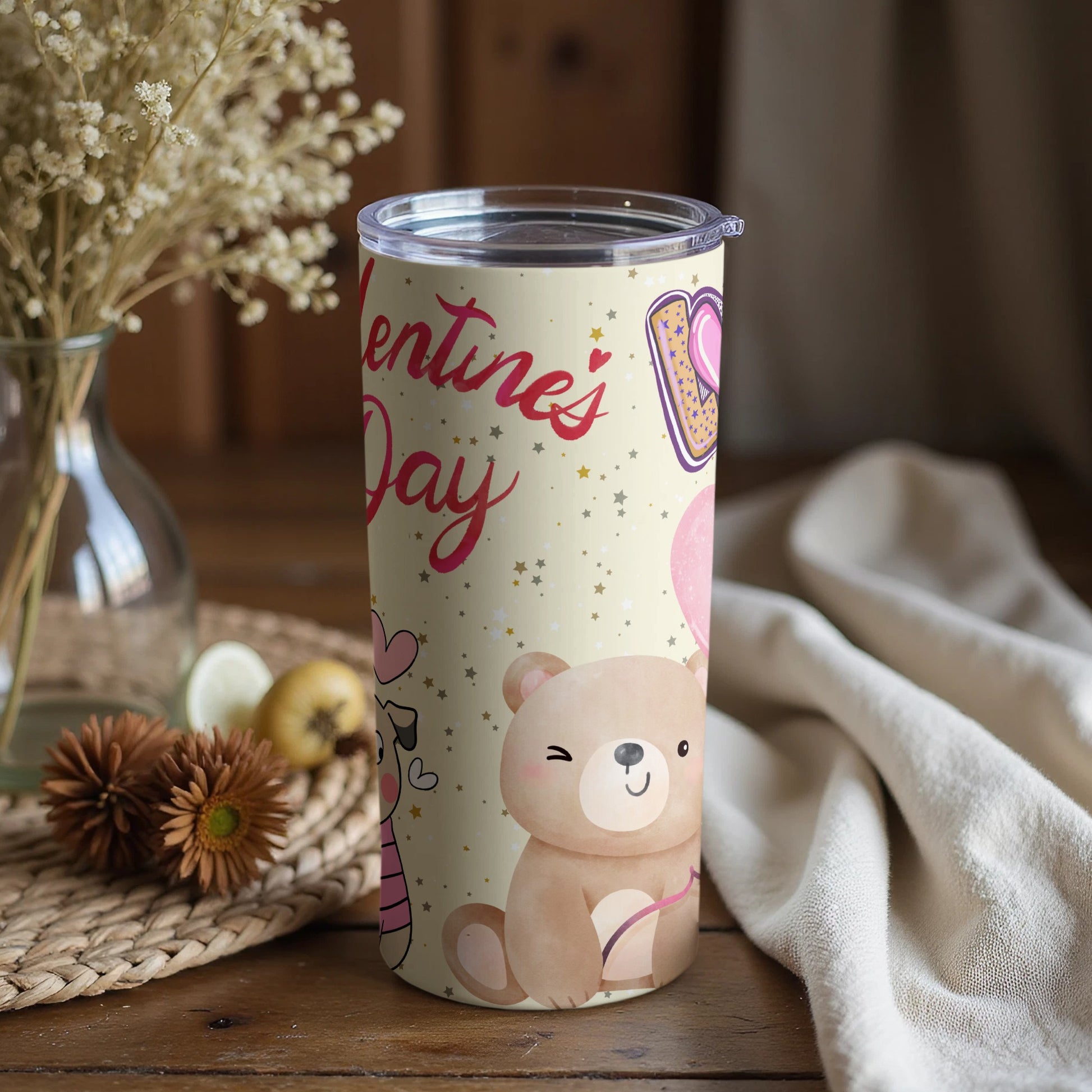 Valentine's Day Cute Bear and Hearts Travel Tumbler
