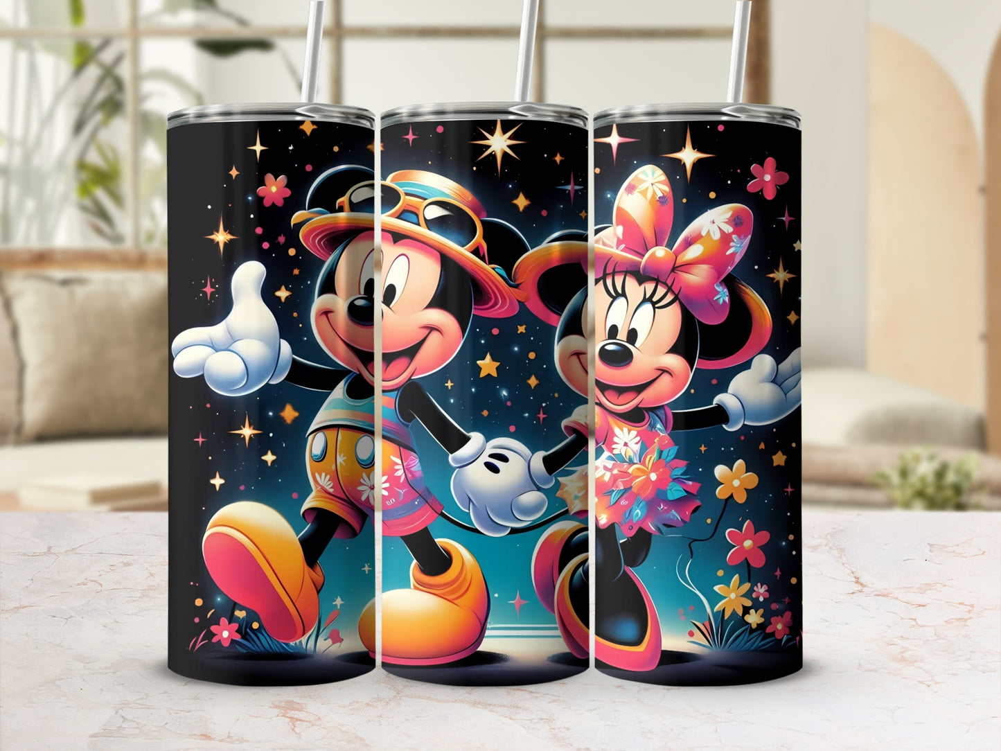 Mickey and Minnie Stars and Flowers Travel Tumbler
