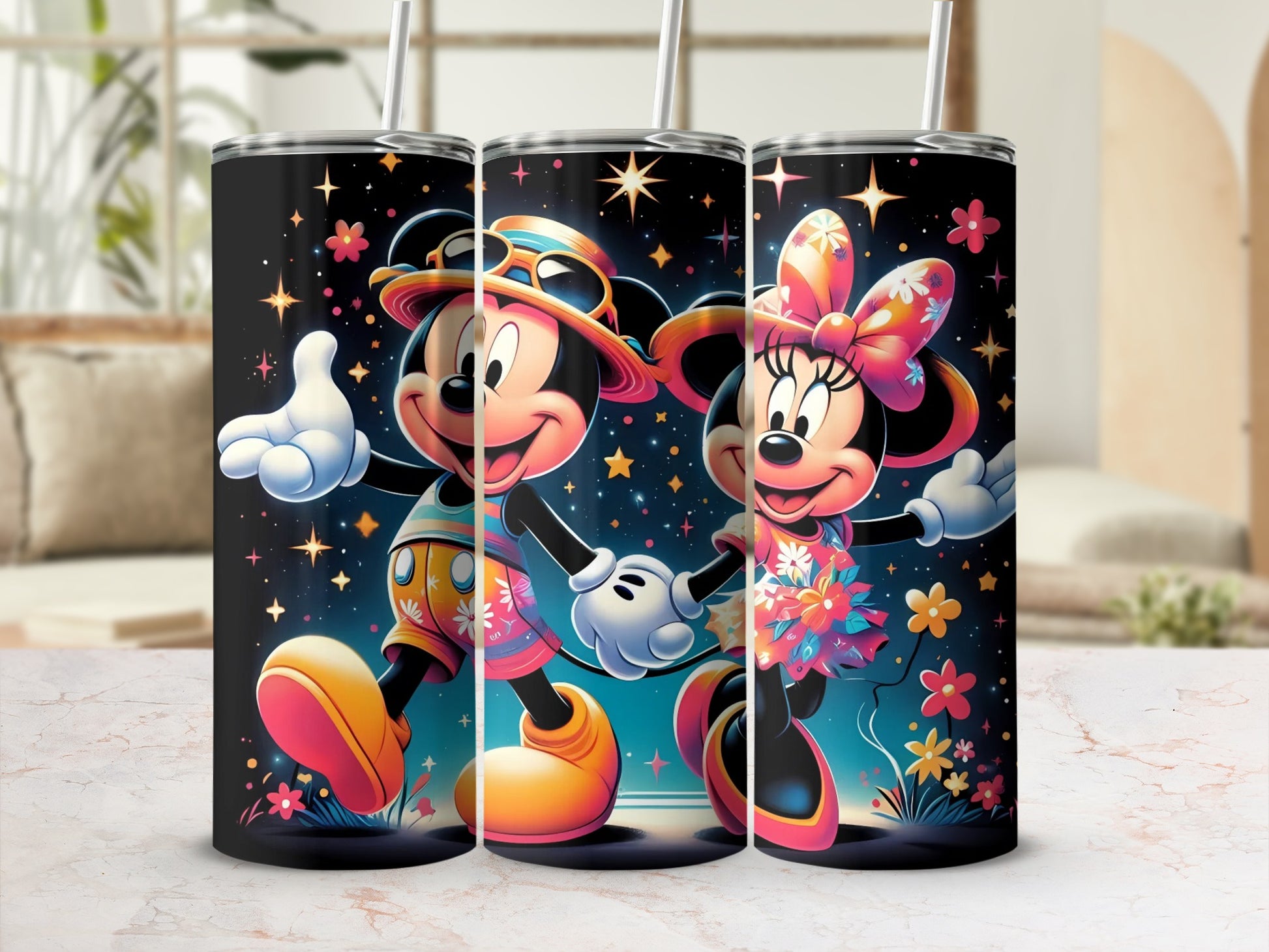 Mickey and Minnie Stars and Flowers Travel Tumbler
