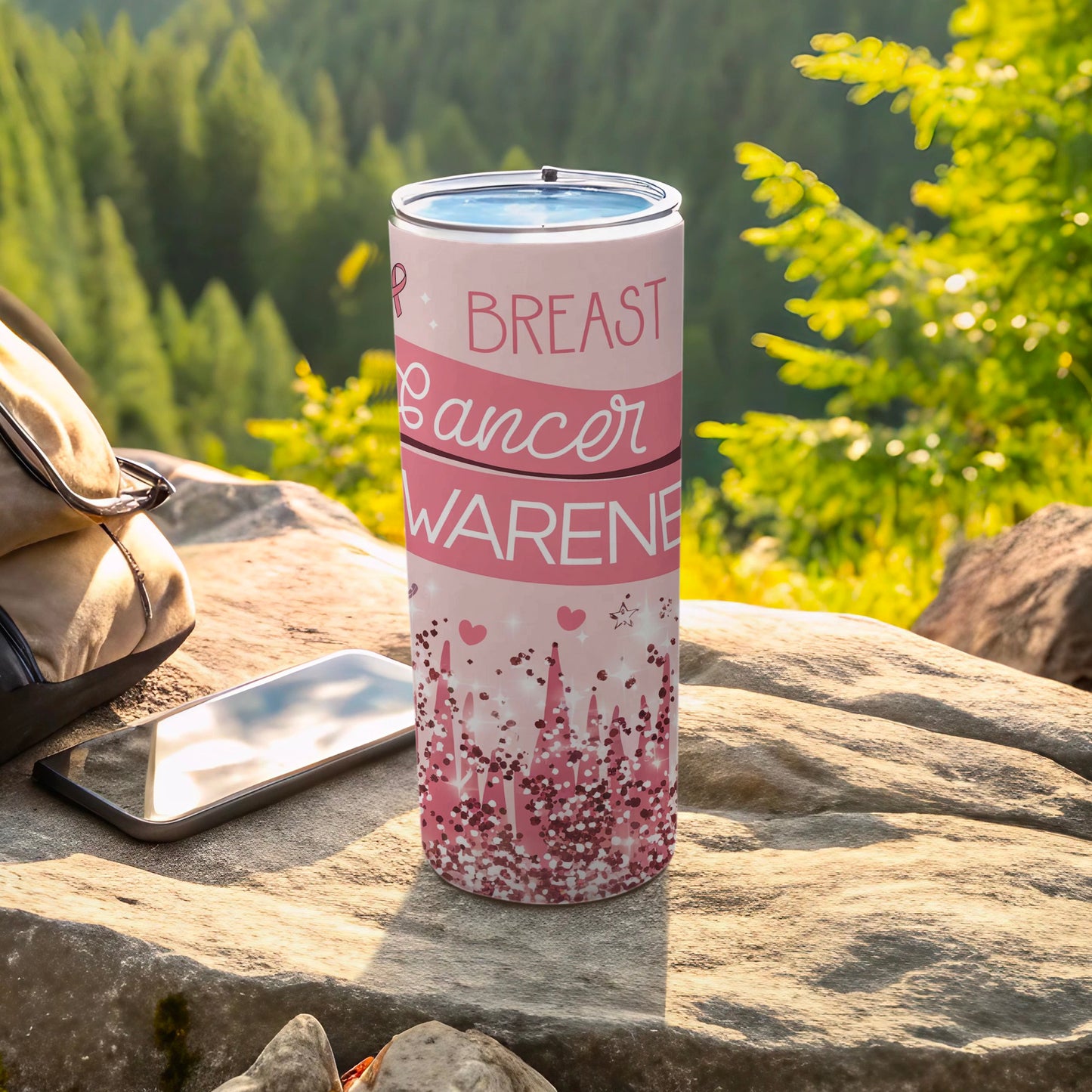 Pink tumbler with "Breast Cancer Awareness" text and glitter accents.