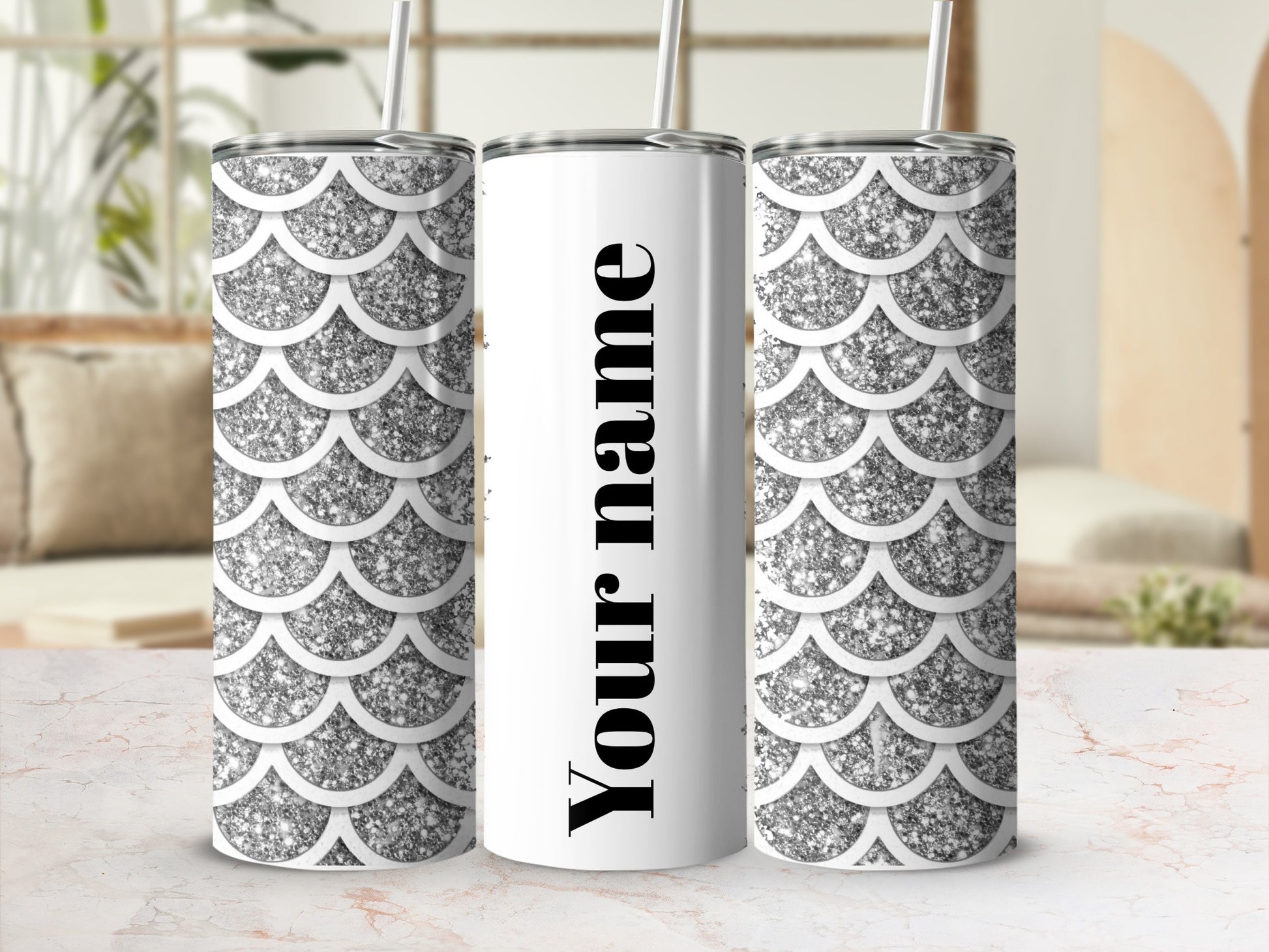 Personalized Glitter Scale Pattern Tumbler with Straw