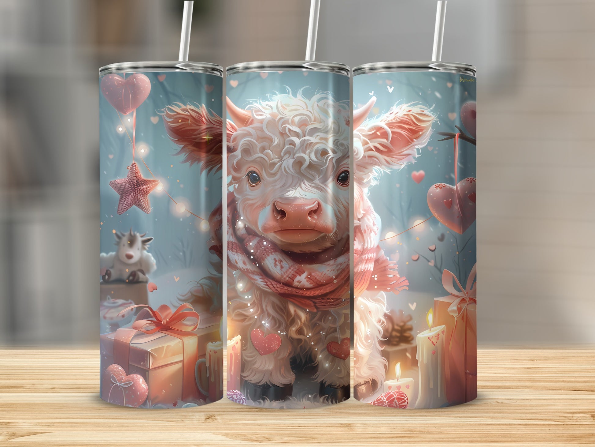 Fluffy calf in scarf on Valentine's themed tumbler designs.
