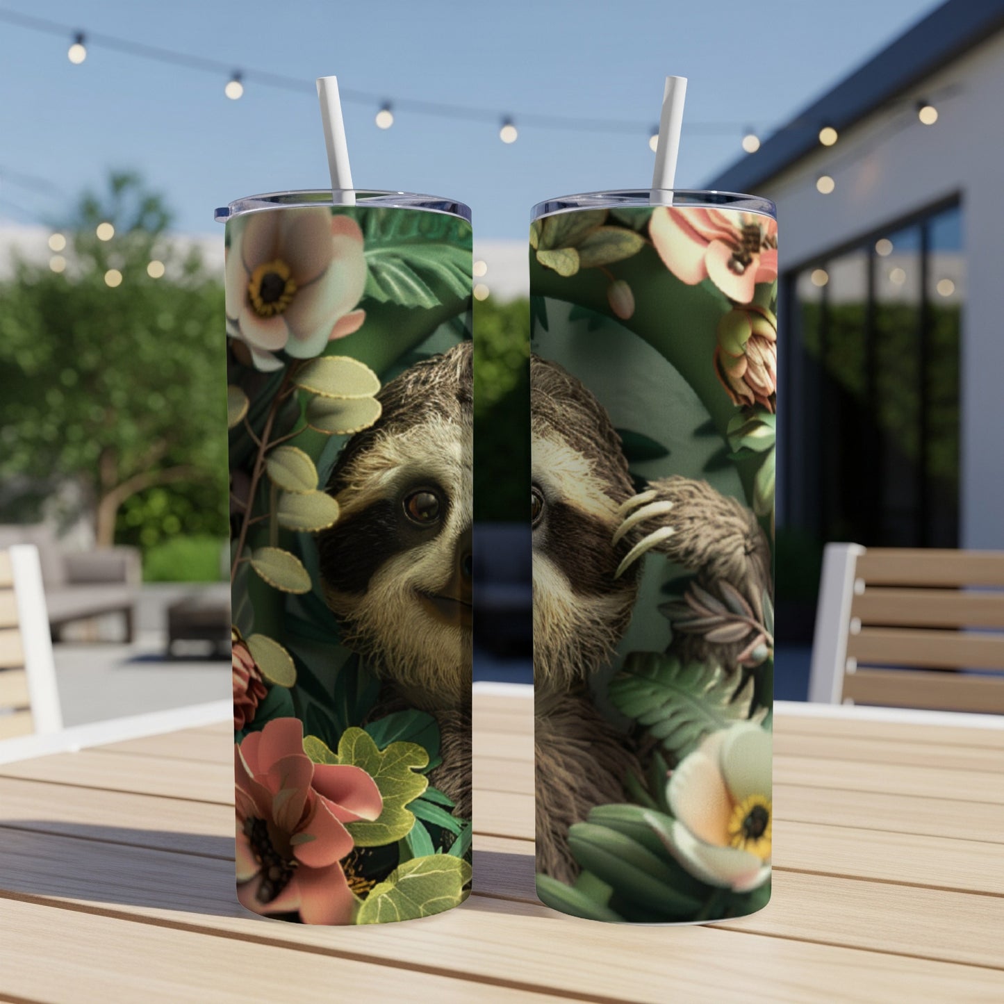 Two tumblers with a sloth and floral design on an outdoor table.