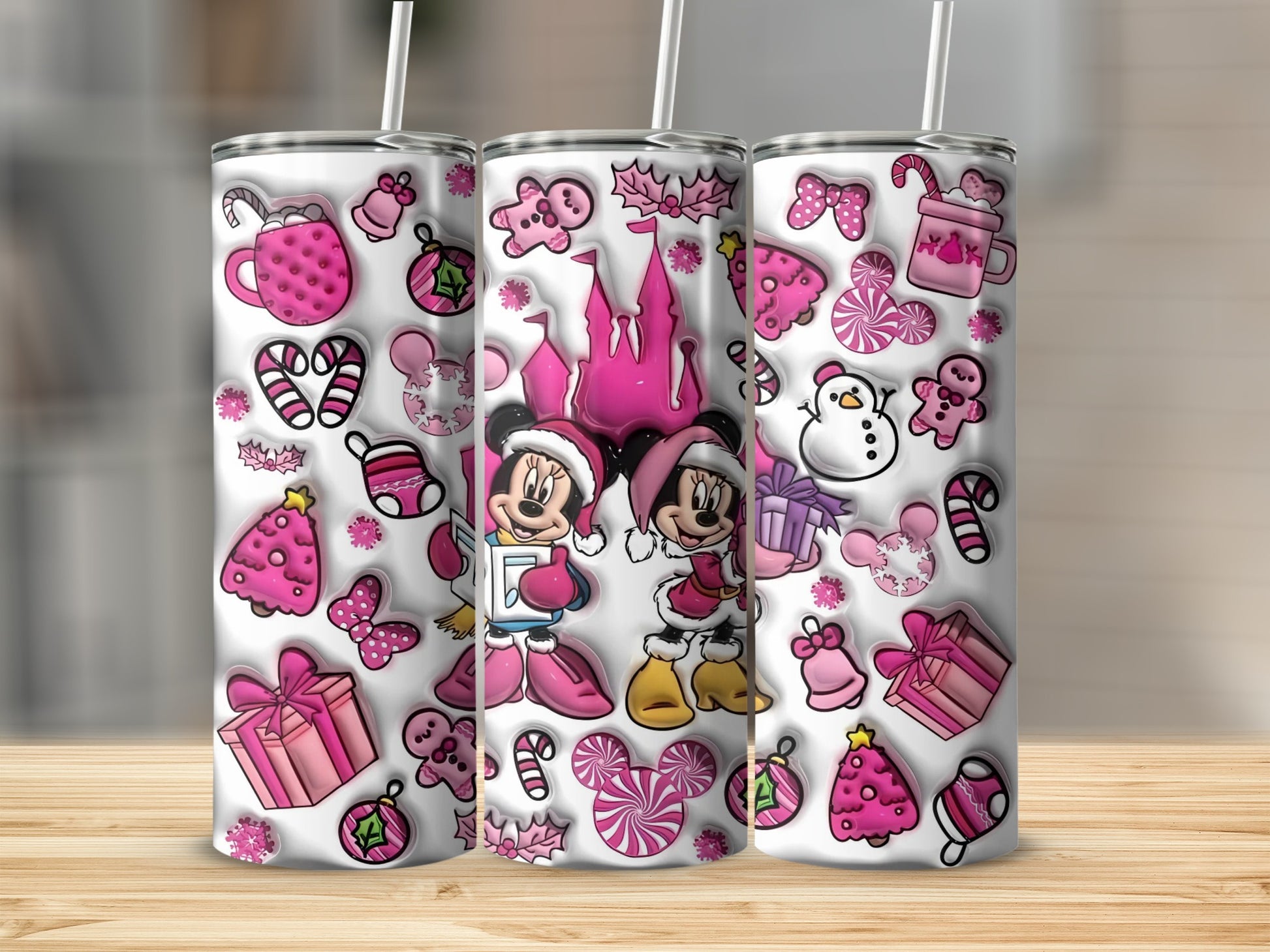 Festive pink Disney characters Christmas tumbler