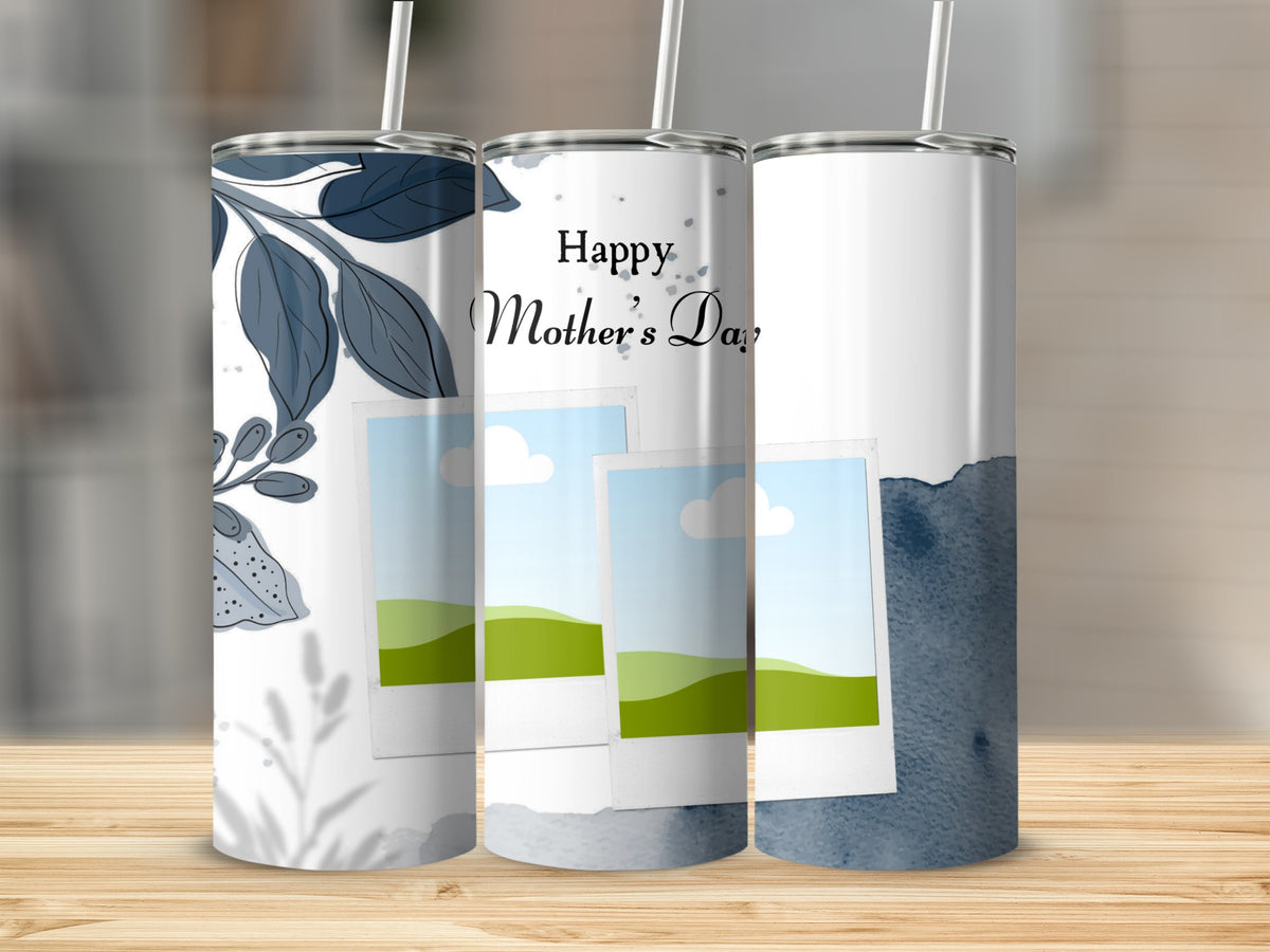 Tumblers with floral design and "Happy Mother's Day" text.