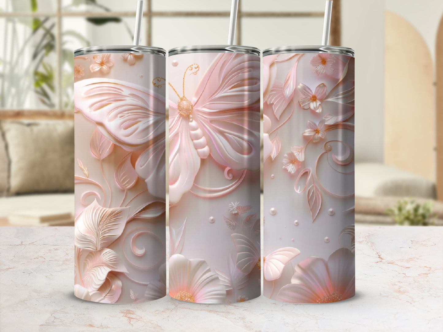 3D pink butterfly and floral design on a white tumbler.