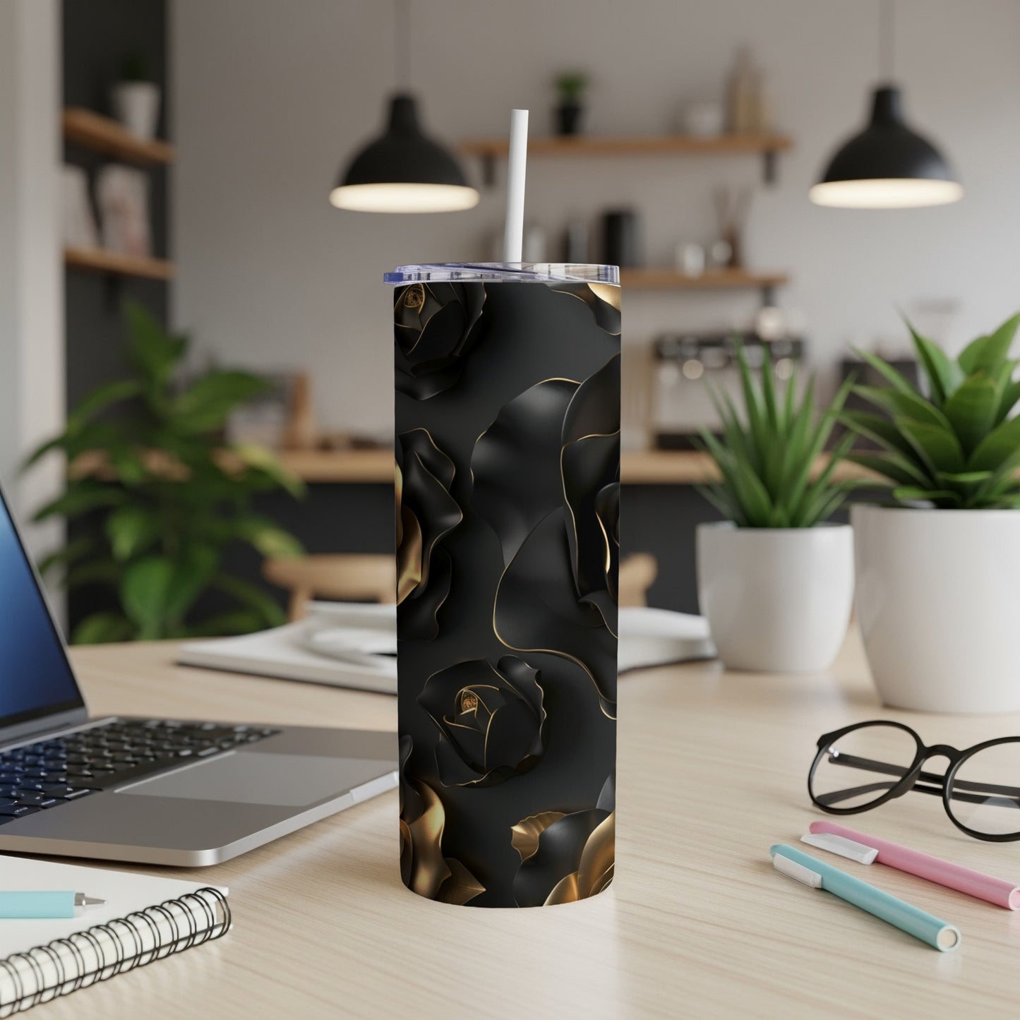 Elegant Black Gold Rose Bloom Pattern Design Tumblers