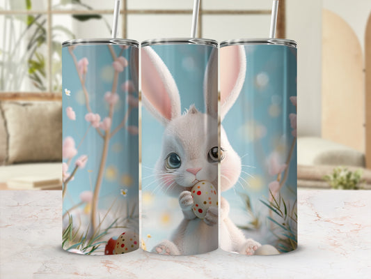 Easter bunny holding decorated egg in a spring floral setting.